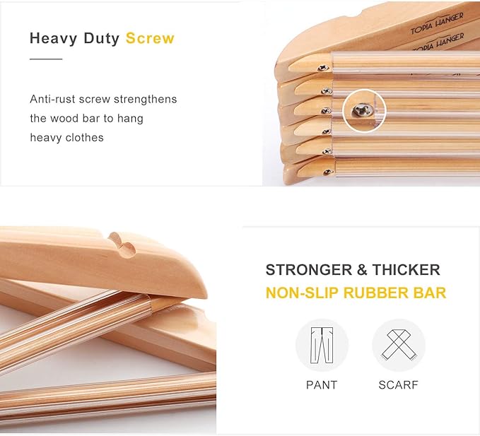 TOPIA Premium Wooden Hangers with Extra Thick Hook and Non Slip Pants Bar, Luxury Suit Hangers for Closet with Notches for Shirts - 16 Pack - CT01N