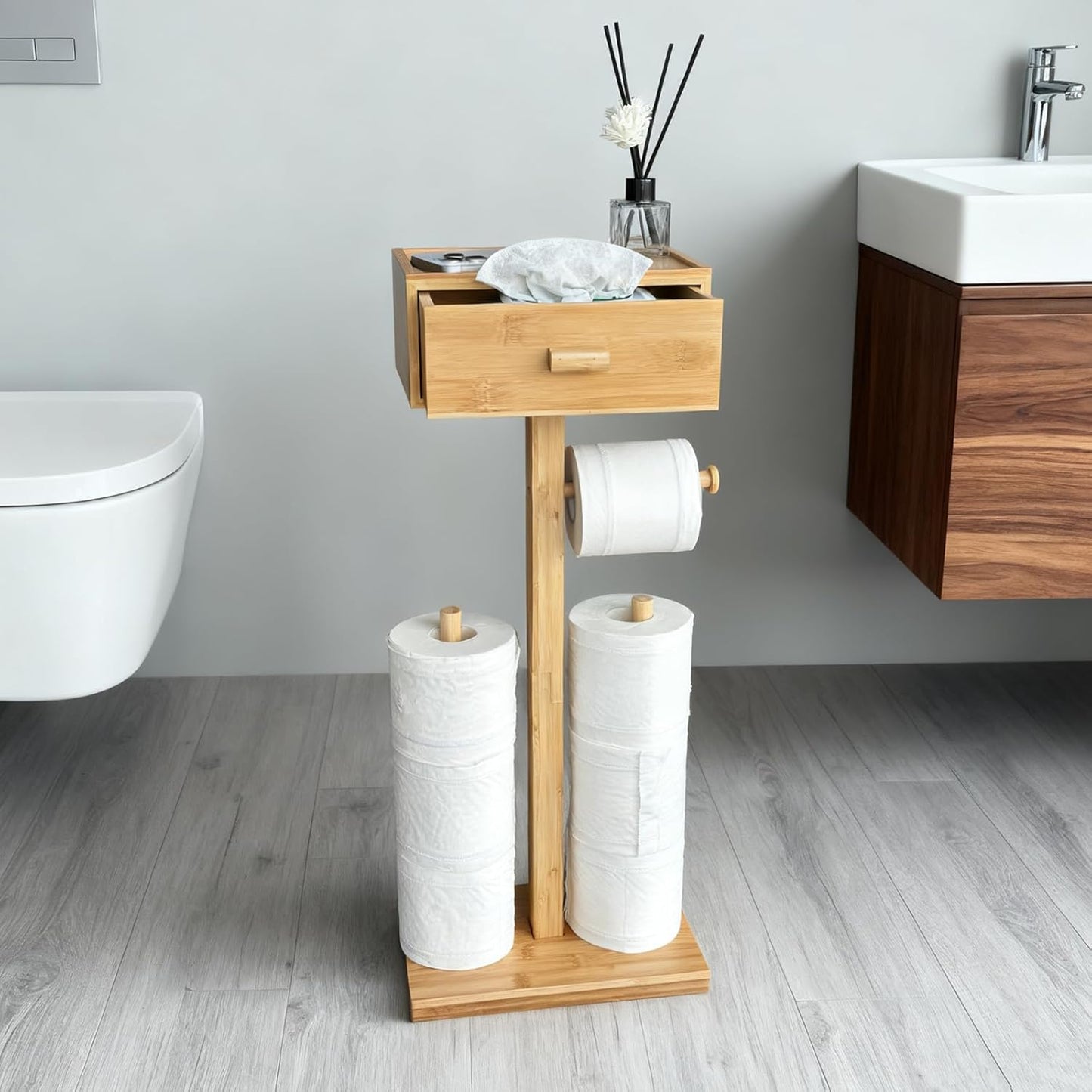 Freestanding Toilet Paper Holder Stand with Shelf, Bamboo Toilet Paper Roll Holder with Wet Wipes Storage Drawer,Bathroom(2 Rods,Stores 6 Rolls)