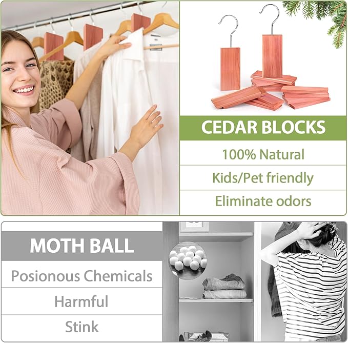 Woodever 16 Pack Cedar Planks for Clothes Storage, Aromatic Red Cedar Wood Hangers with Metal Hooks, 100% Natural Scent, with Sandpaper Freshener, for Drawers and Wardrobes