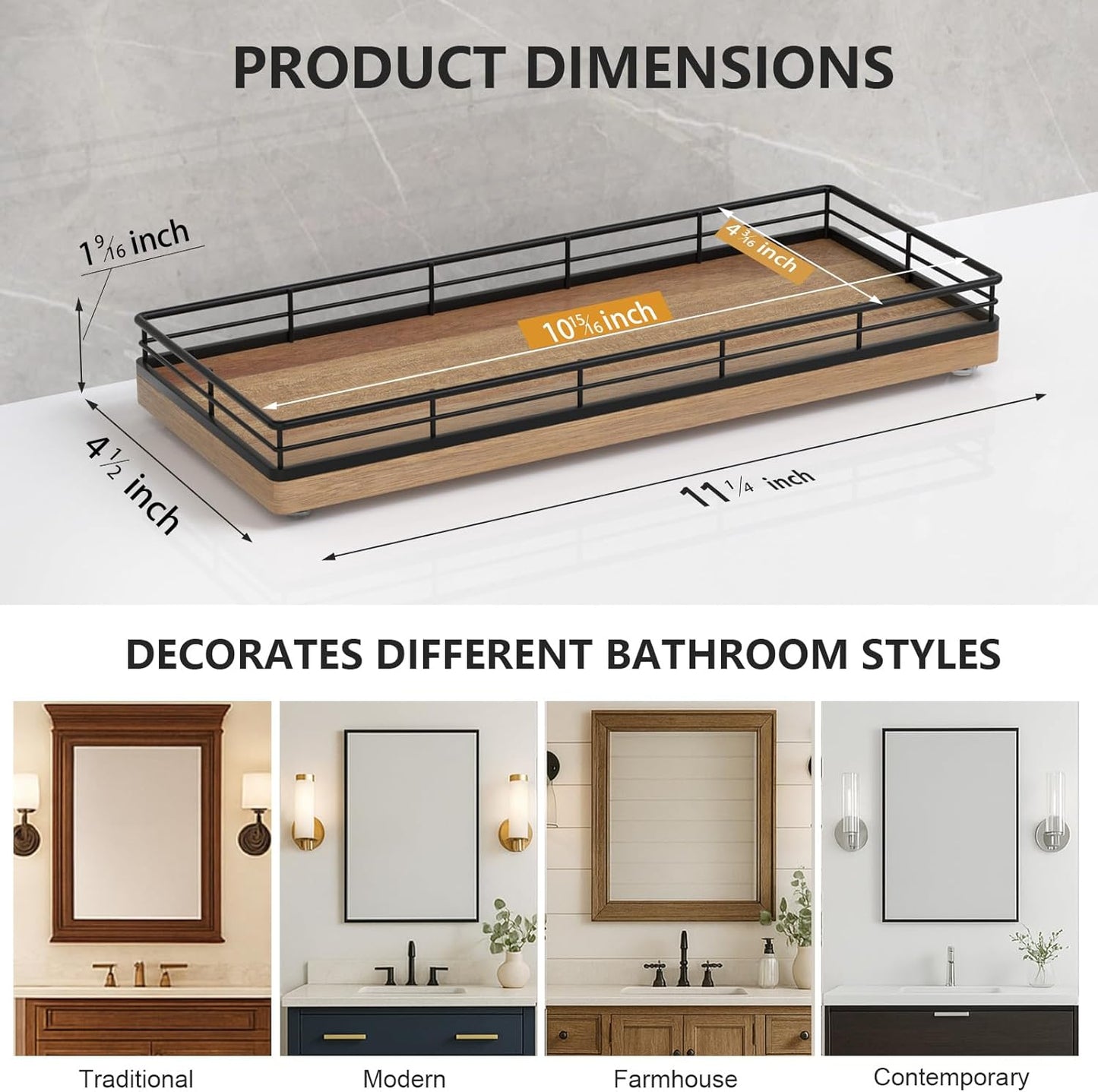 Bathroom Tray for Counter Top Organizer – Acacia Wood Vanity Tray with Metal Frame for Dresser, Kitchen, Nightstand – Black & Acacia Decorative Storage