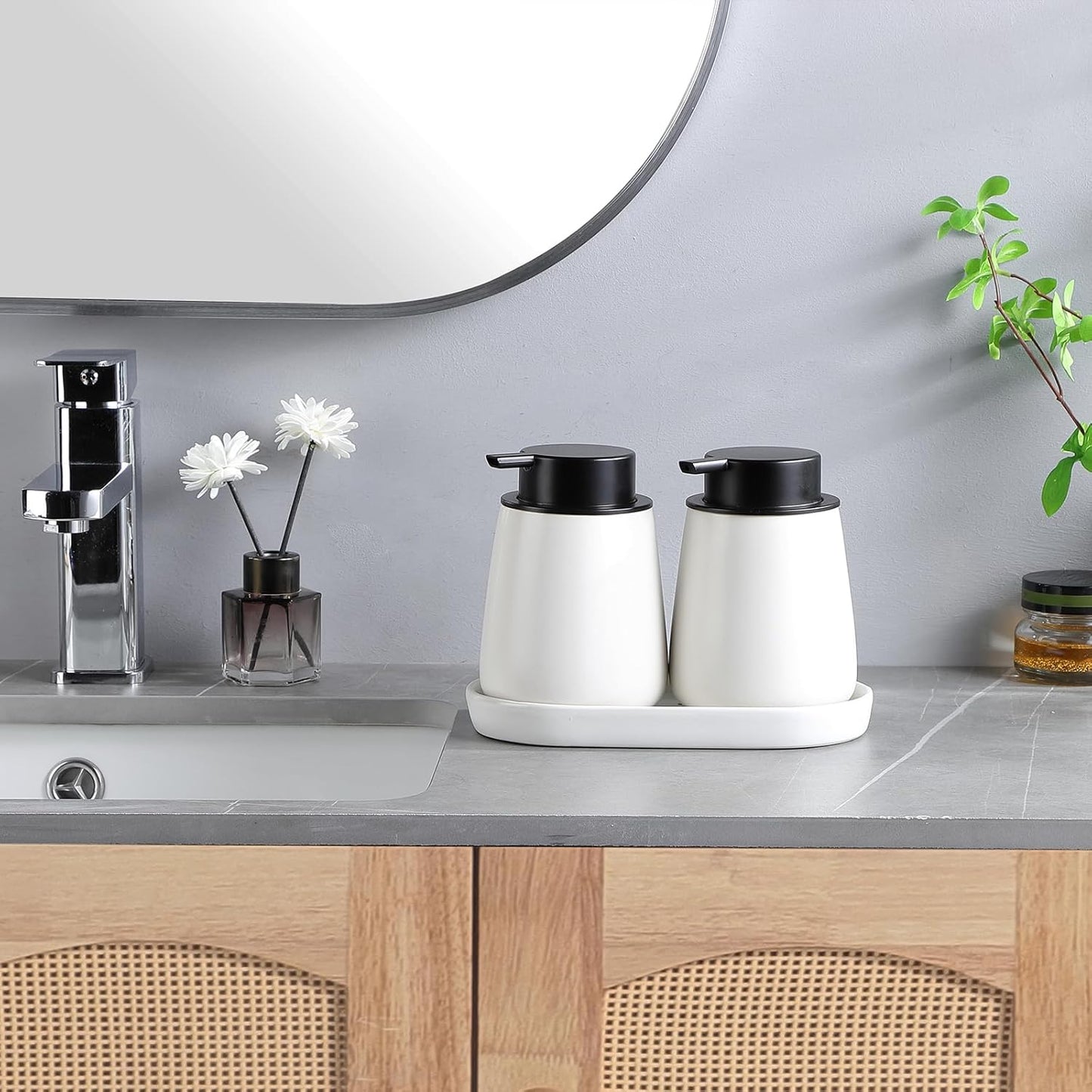 White Round Soap Dispenser Tray - 8'' Ceramic Vanity Tray for Bathroom Decorative, Jewelry Ring Dish, Comestic Holder, Kitchen Sink Countertop Organizer Plate