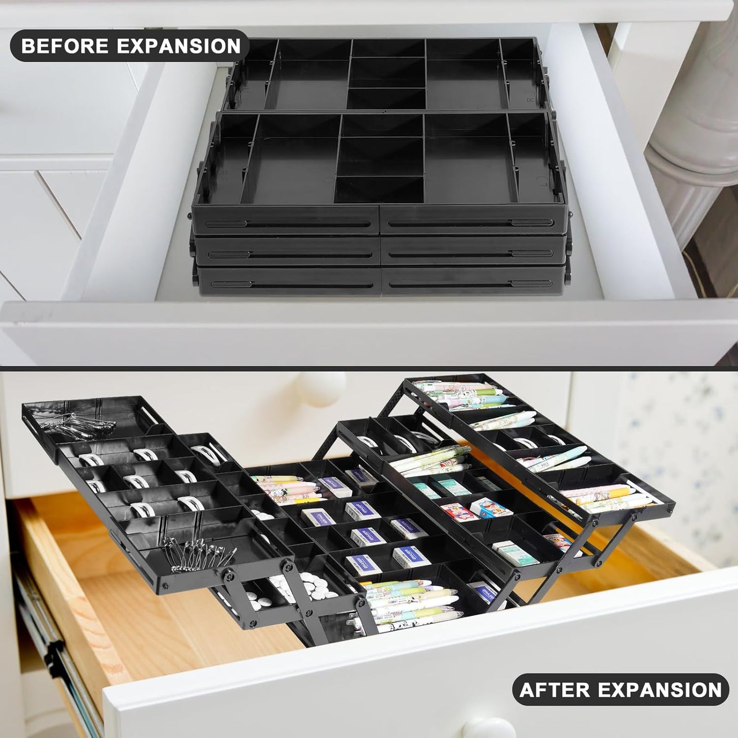 Aobiono Multi Level Smart Drawer Organizer, Multi Tier Expandable Storage Collapsible Foldable Trays for Jewelry, Cosmetics, Makeup, Tools, Battery (Black, Double Row - 3 Levels)