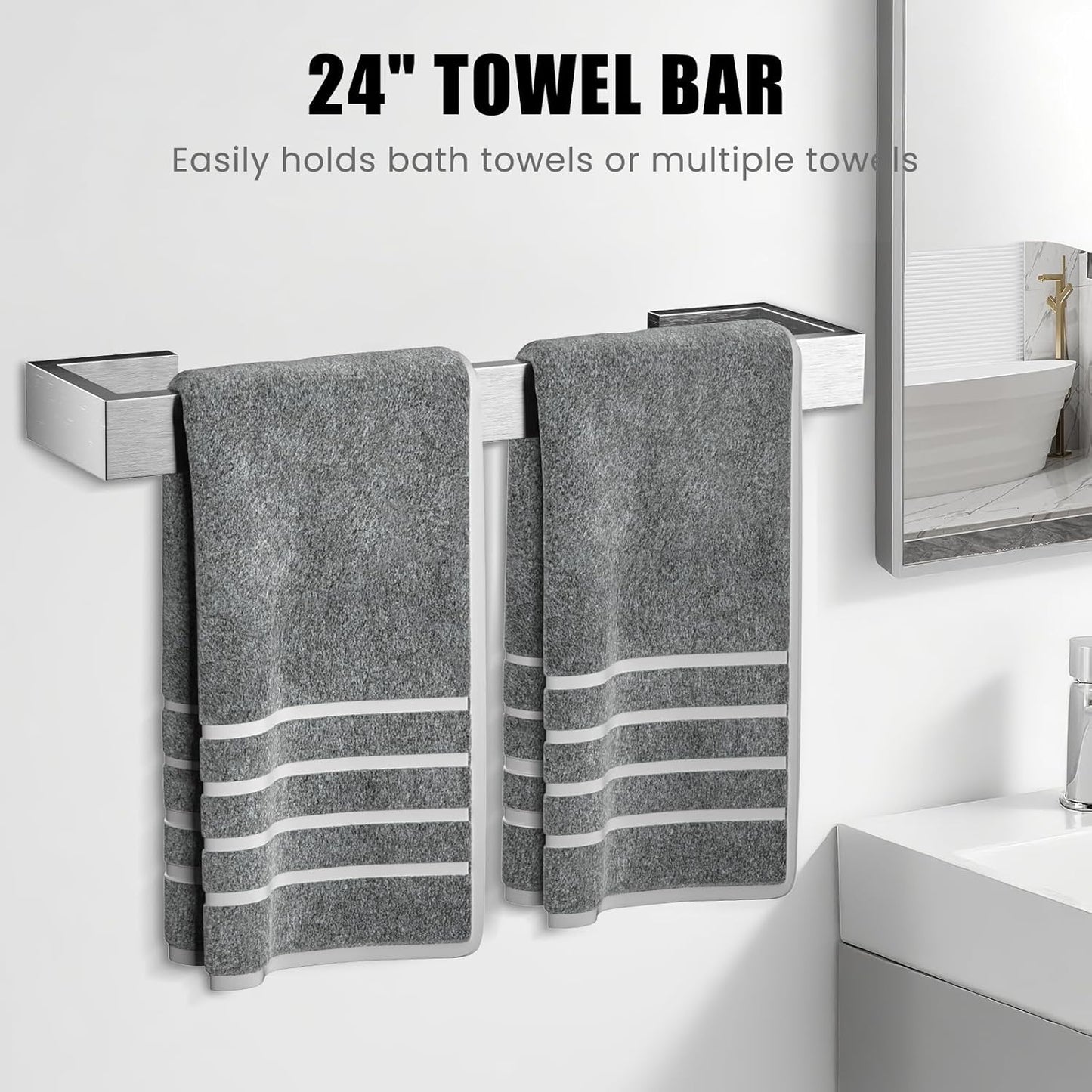 4 Pcs SUS304 Stainless Steel Bathroom Accessories Set, 24" Towel Bar, Towel Holder, Toilet Paper Holder, Robe Hook, Minimalist Design for All Styles Bathrooms (Brushed Nickel)
