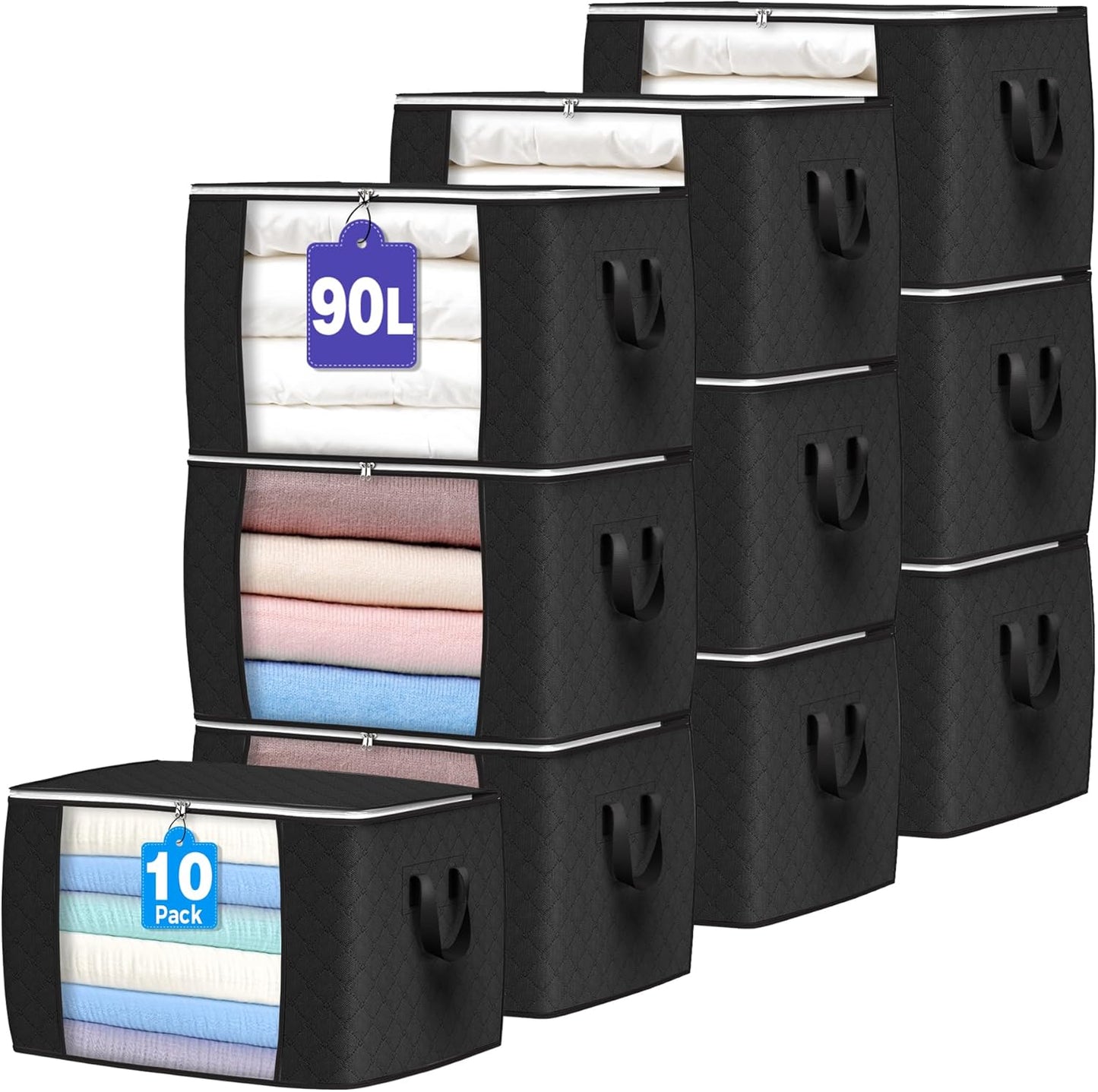 Budding Joy 90 L Large Storage Bags, 10 Pack Clothes Storage Bins Foldable Closet Organizers Storage Containers with Reinforced Handle for Clothing, Blanket, Comforters, Bed Sheets, Pillows (Black)