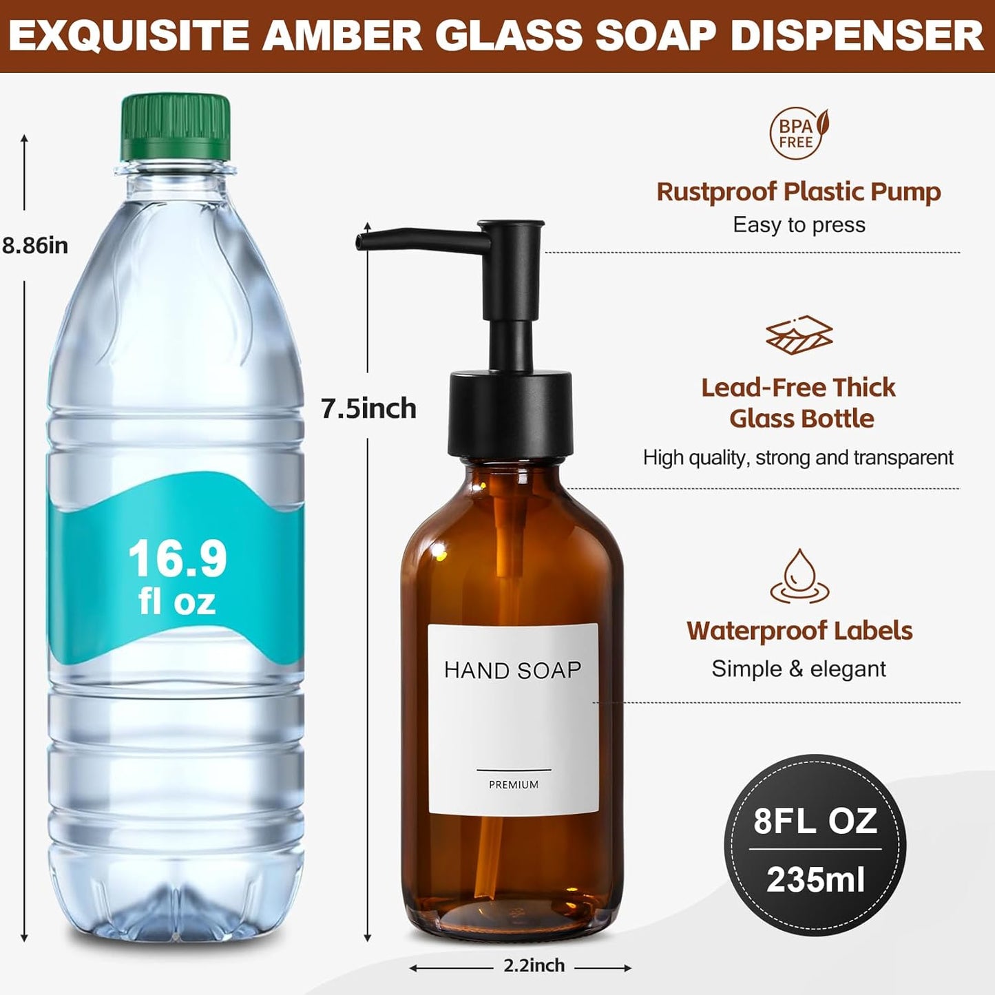 8 fl oz Amber Glass Soap Dispenser 4 Pack, Brown Glass Bottle with Pump, Refillable Round Hand Soap Dispensers Bathroom for Soap, Lotion, Oil, Shampoo