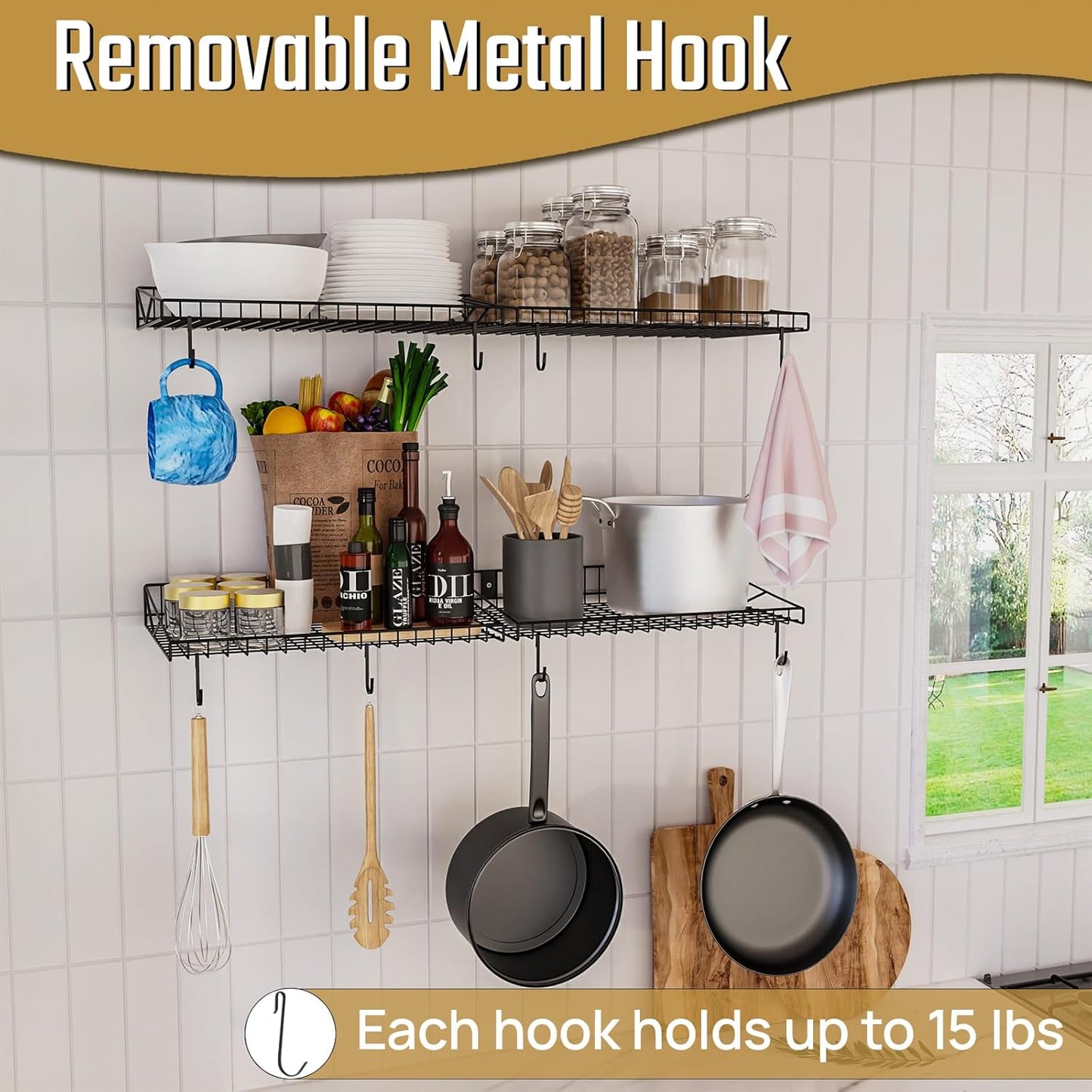 4 Pack Garage Wall Shelf, Garage Wall Mounted Shelving, Heavy Duty Floating Shelves With 8 Hooks, Loads 180 LBS Black Wall Shelves Mesh Storage Rack for Office, Basement, Wall Cabinet and Kitchen