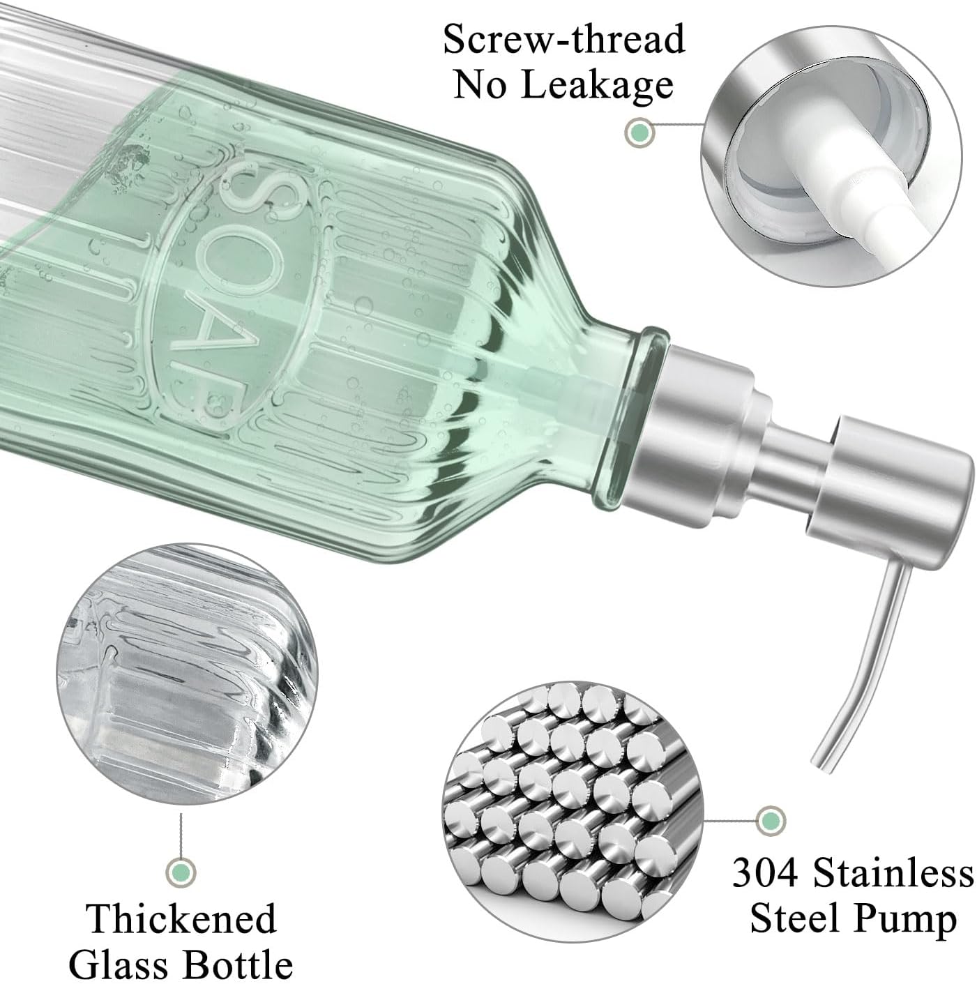 Glass Dish Soap Dispenser - Refillable Kitchen Hand Pump for Rust Proof Stainless Steel Countertop, Clear Liquid Bathroom Dispenser