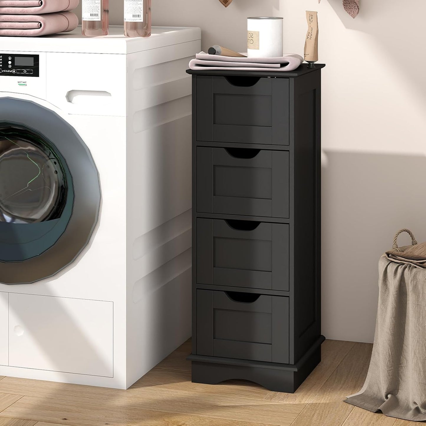 LOKO Bathroom Storage Cabinet with 4 Drawers, Narrow Floor Standing Cabinet with Cut-Out Handles, Anti-toppling Device, Home Storage Organizer Unit for Laundry Room, Living Room, Entryway (Black)