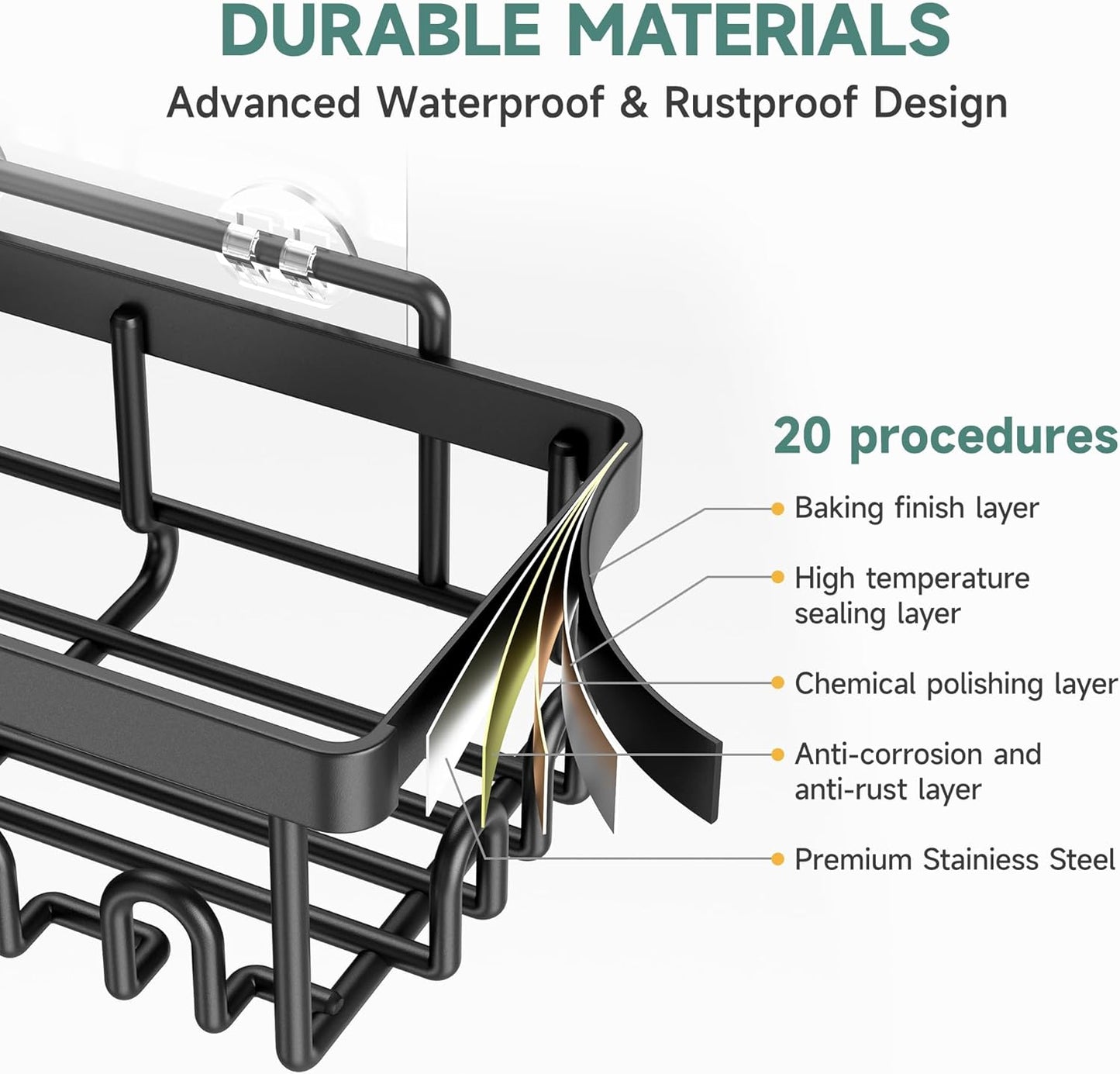 Veken Rustproof & Waterproof Shower Caddy 5-Pack, No Drilling Adhesive Wall Mounted Shower Shelves, Racks For Inside Shower, Large Bathroom Organizer Storage Accessories, Ideal for Home&Kitchen, Black