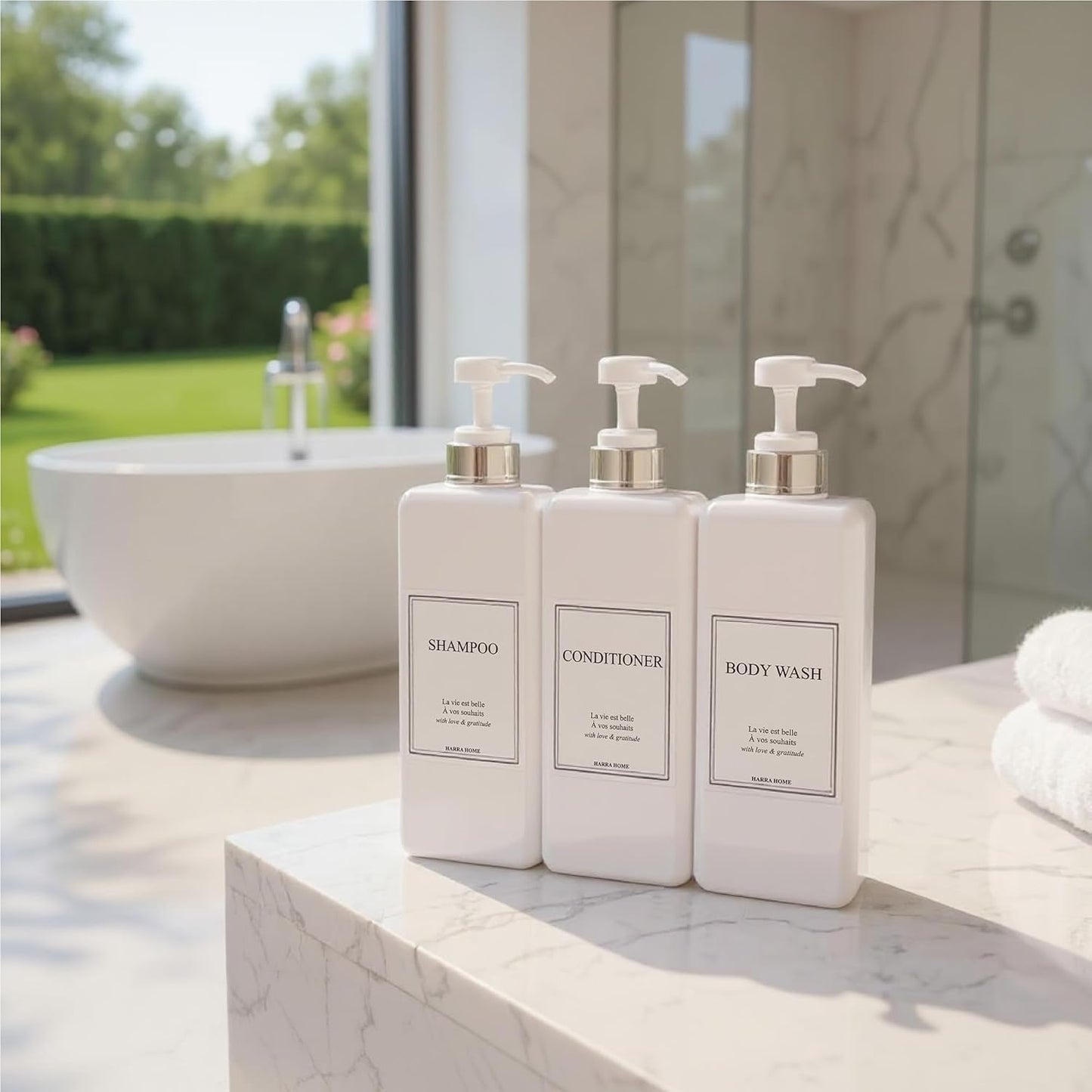 Modern Design Large 27 oz Shampoo and Conditioner Dispensers - Empty Plastic Refillable Pump Bottle Set for Bathroom Shower Soap Dispenser, Gift Box Included, Set of 3, (White & Silver)