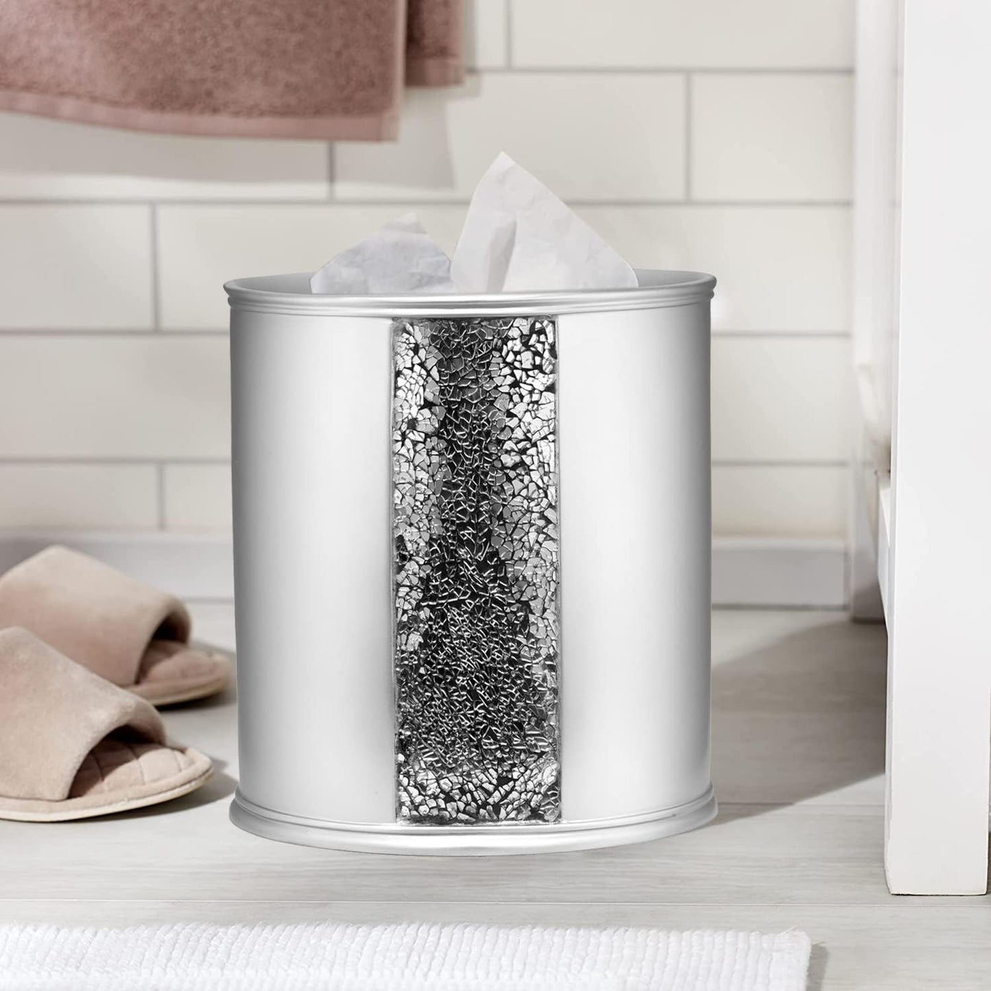 Zahari Home 2pc Sinatra Silver Modern Bath Accessories Set Waste Basket & Tissue Box Modern Classic Contemporary Decorative Beautiful Designs Bathroom Decor Set for Home Mosaic Glass