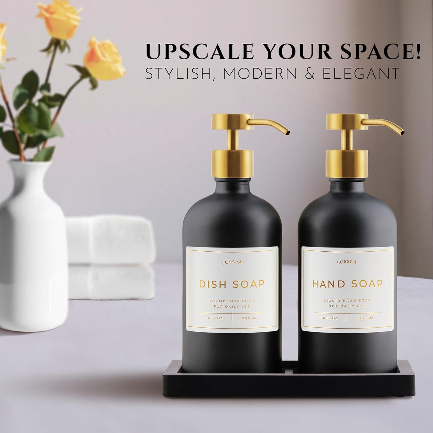 Lotion, Hand & Dish Soap Dispenser for Kitchen Sink - Bathroom Soap Dispenser Set of 2 16.8 Oz Glass Bottles with Stainless Steel Pump, 15 Water Proof Labels & Silicon Tray (Black/Gold)