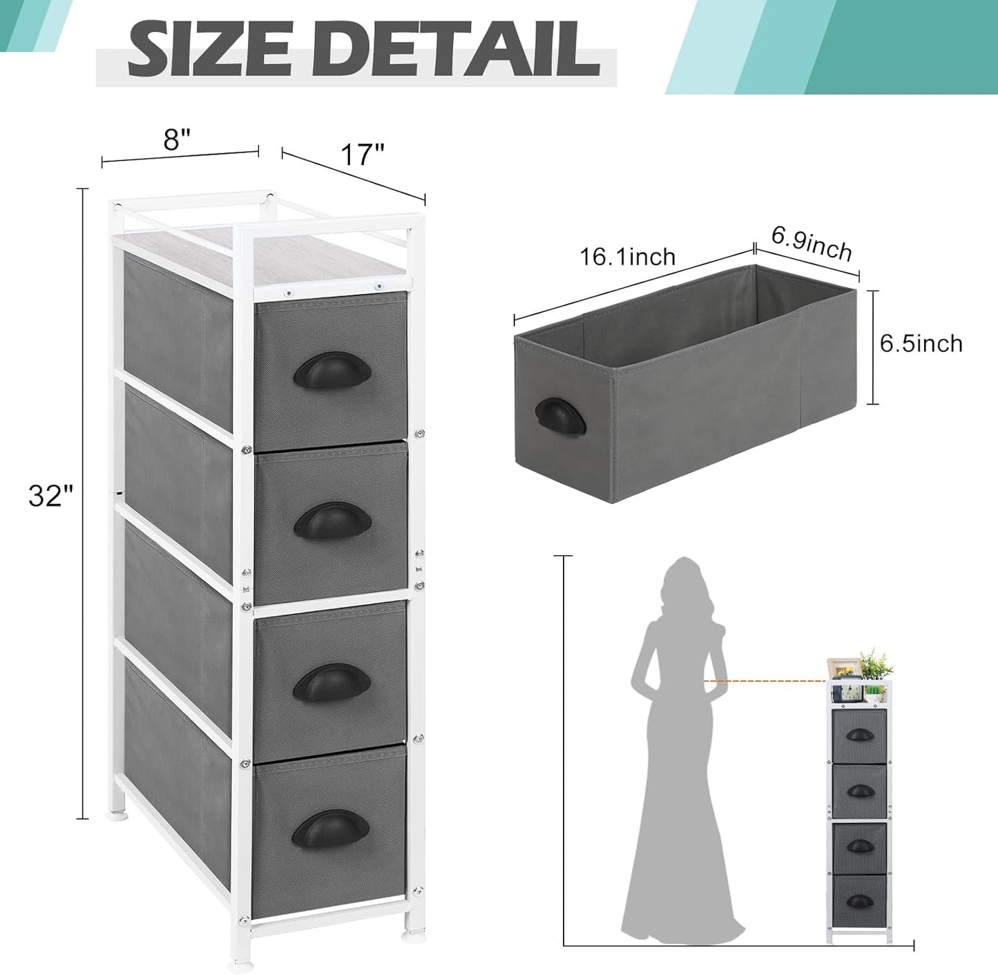 MOOACE Narrow Dresser with 4 Drawers, Dresser for Bedroom, Small Fabric Dresser Vertical Storage Tower Standing, Steel Frame & Wooden Top Chest of Drawers for Bedroom, Bathroom & Laundry