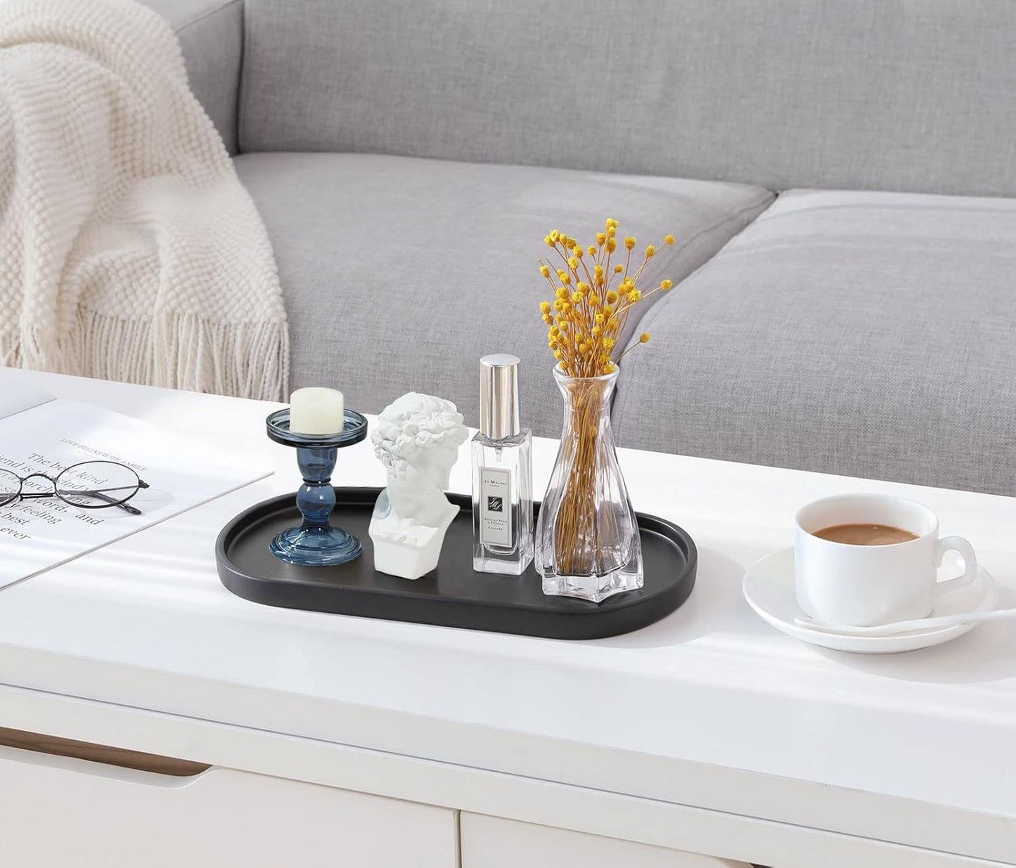 Luxspire Matte Black Oval Vanity Tray, Resin Material, Medium Size, Toilet Organizer, Plant Tray, Decor