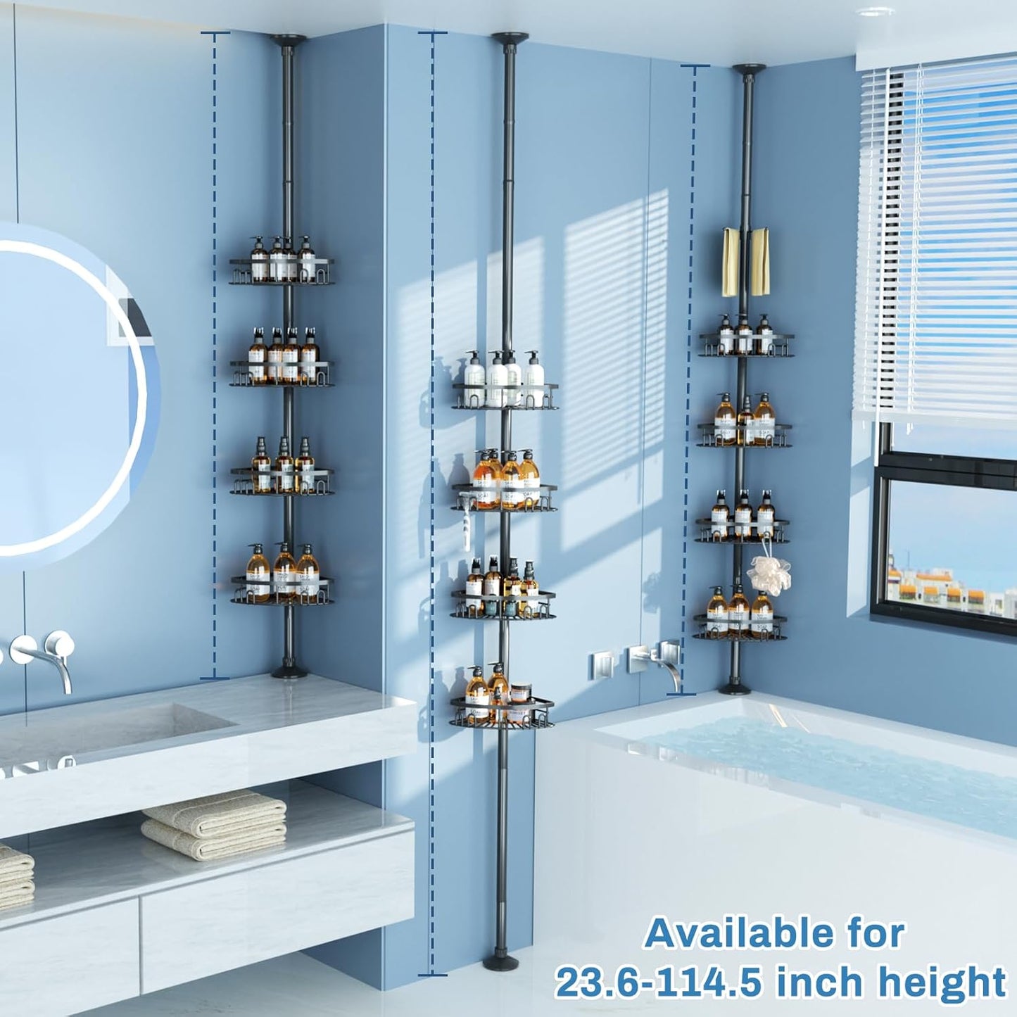 Rustproof Corner Shower Caddy Freestanding Tension Pole, 4 Large Baskets for Bathtub Shampoo Storage Organizer Bathroom Height Adjustable Shelves from 23.6 to 114.5 Inch with Towel Bar