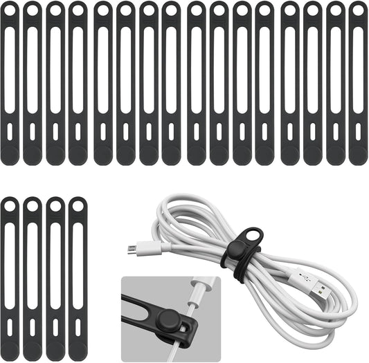 20-Pack Silicone Cable Ties Cord Organizer Reusable, Kanemc Cord Wrap Wire Organizers Cable Strap For Electronics, Even As Curtain Tie Backs Bread Ties Cable Hook For Hanging (Black)