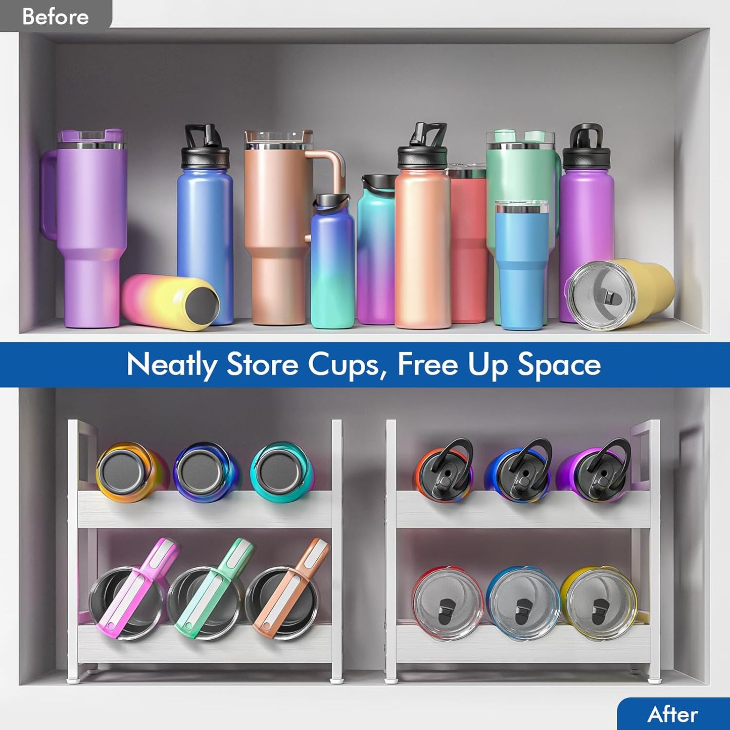 Wooden Water Bottle Organizer, 20/30/40oz Tumbler Organizer, Bottle Holder for Owala/Yeti/Stanley, Kitchen Pantry Water Bottle Storage Rack for Cabinets, Wood Wine Rack, 2 Tier Hold 6