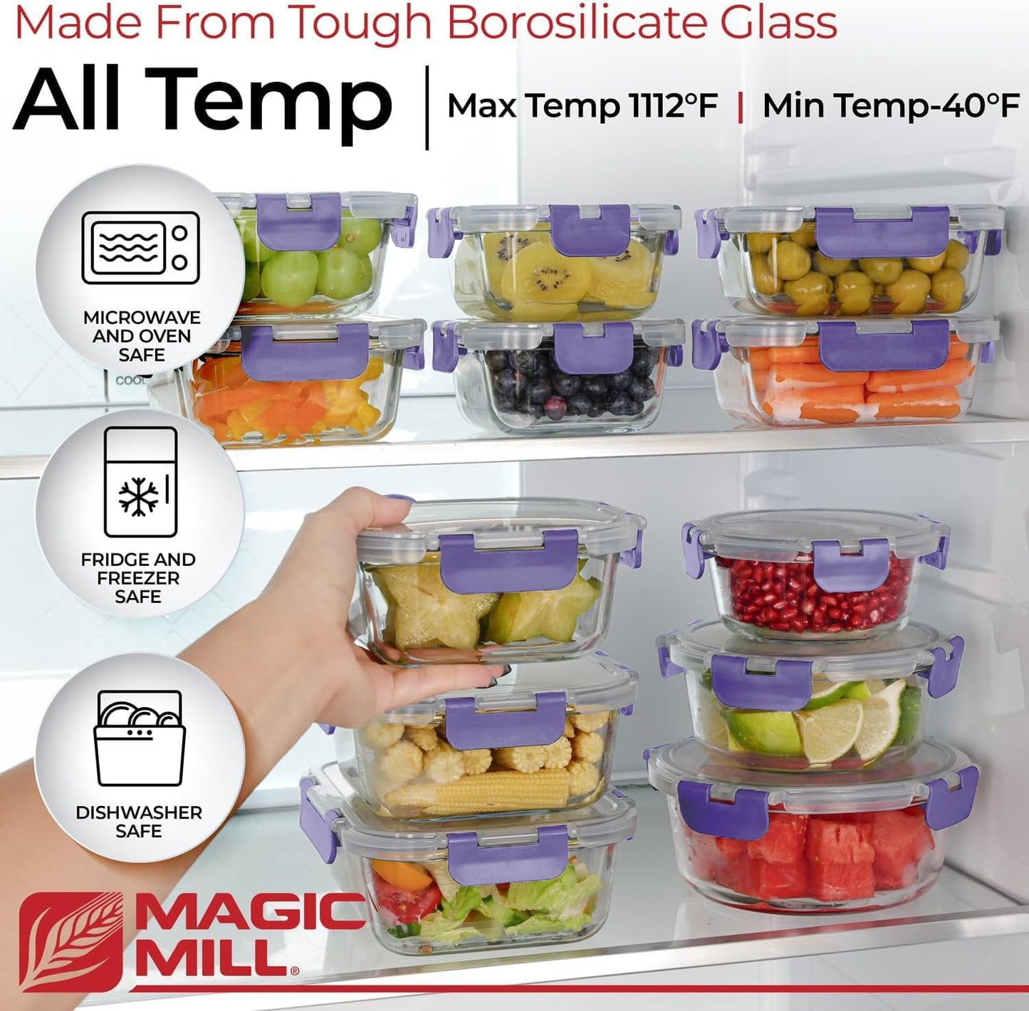 Magic Mill Premium Borosilicate Glass Food Storage Containers with lids Set | 24pc Sets with 12 Bowls & 12 Airtight Locking Lids for Lunch & Meal Prep, Safe for Oven, Freezer, Dishwasher, BPA-Free
