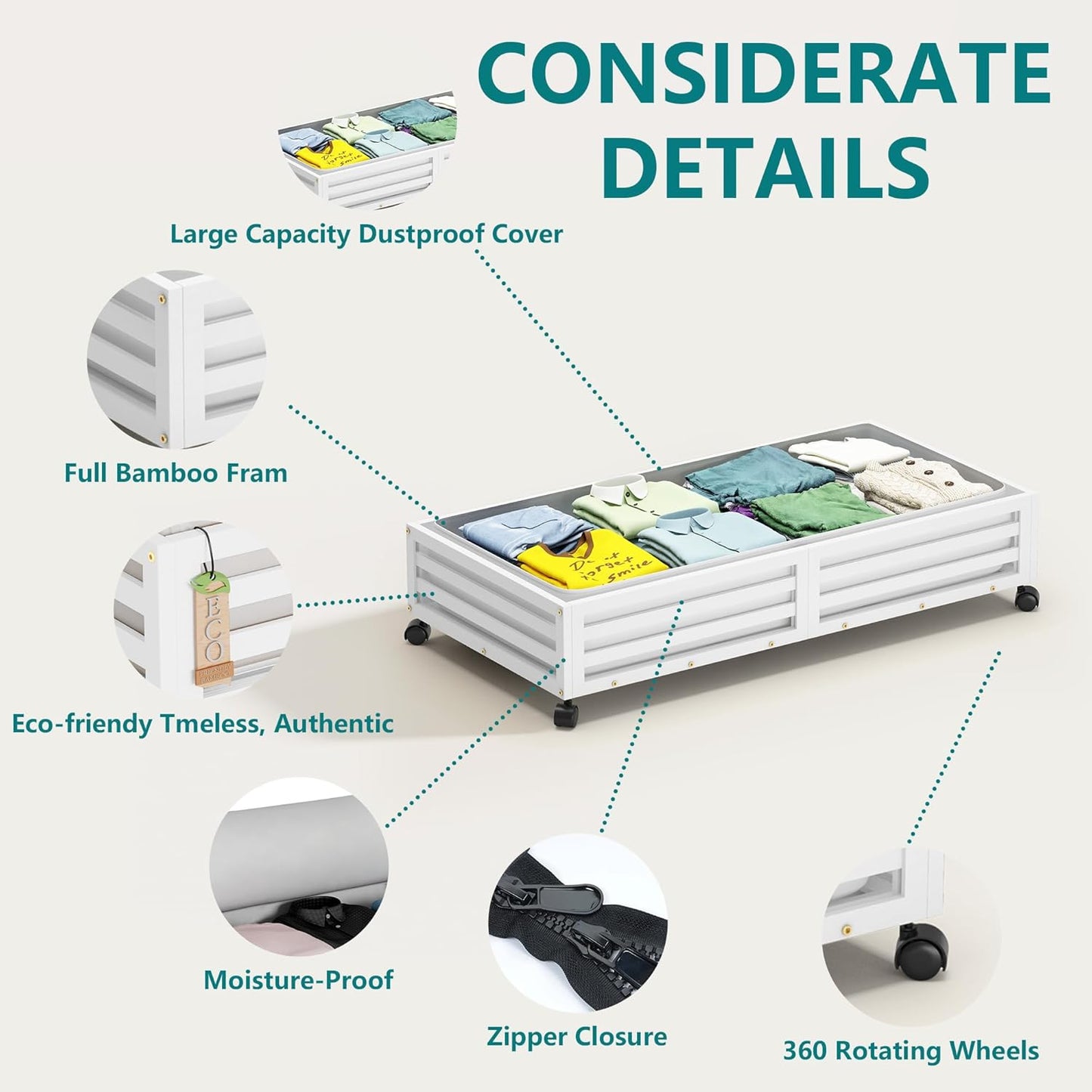 Bamboo Under Bed Storage Containers- Underbed Organizer with Wheels with Large Capacity Dust Bag,Sturdy Wood Rolling Under Bed Shoe Storage Organizer 2 Packs (White, 1 Packs (23.62"×16.54"))