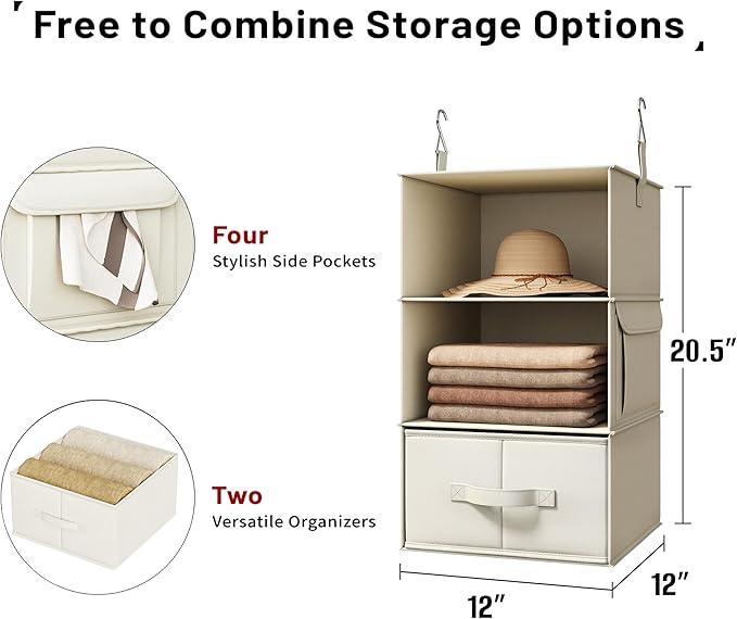 Vailando 3-Shelf Hanging Closet Organizer, Set of 2 Hanging Shelves with 2 Drawers for Wardrobe, Nursery, Baby Clothes Storage and Organization, Beige