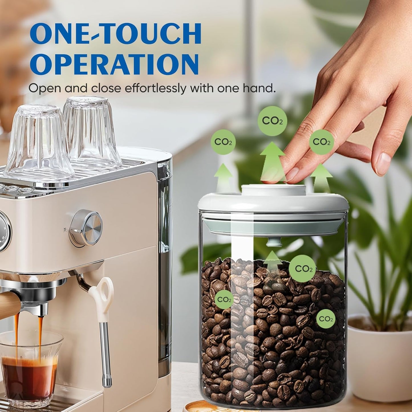 Coffee Container - Kitchen Food Storage Container with One-Way CO2 Valve, Press-on Lid Glass Coffee Canister with Scoop UV Protection for Grounds, Beans, 11 oz Grey