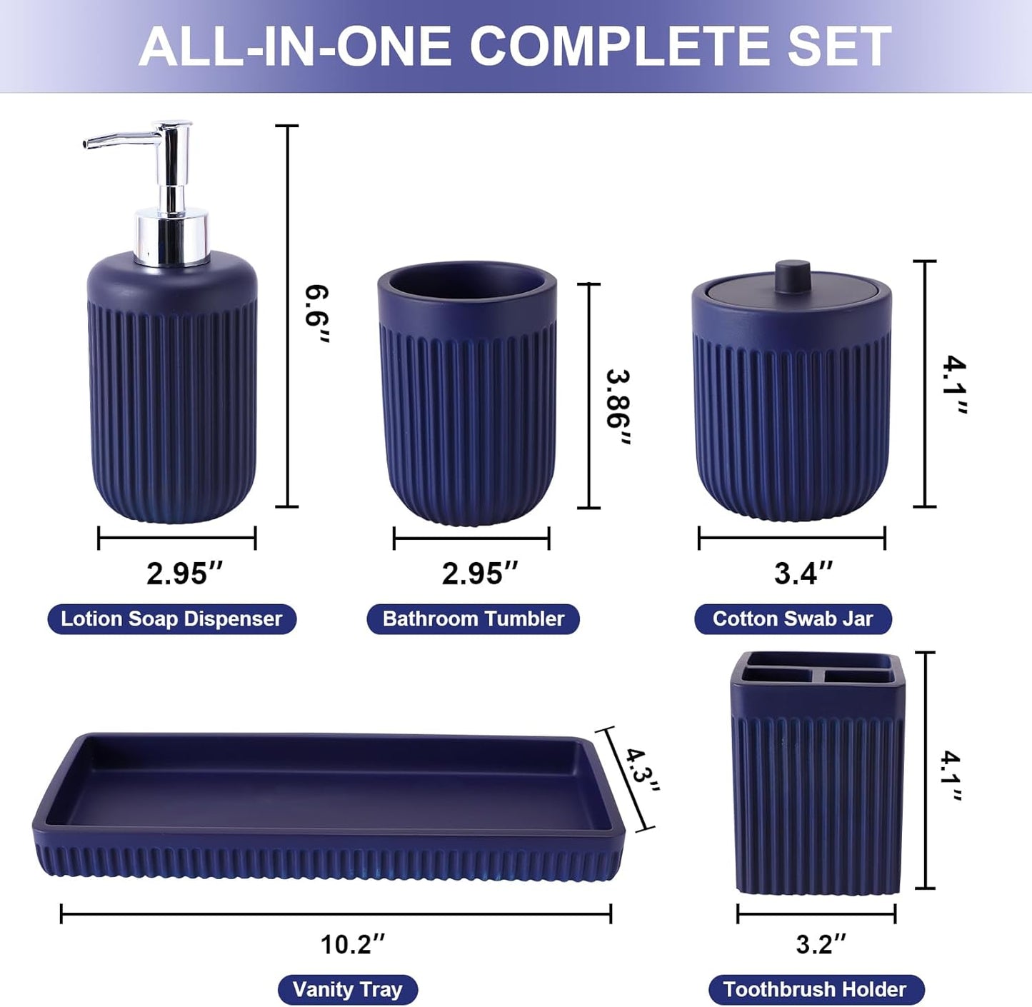 Resin Navy Blue Bathroom Accessories Set 5 Pcs, Lotion Soap Dispenser, Toothbrush Holder, Bathroom Tumbler, Qtip Holder and Vanity Tray, Bathroom Countertop Organizer Set for Modern Apartment