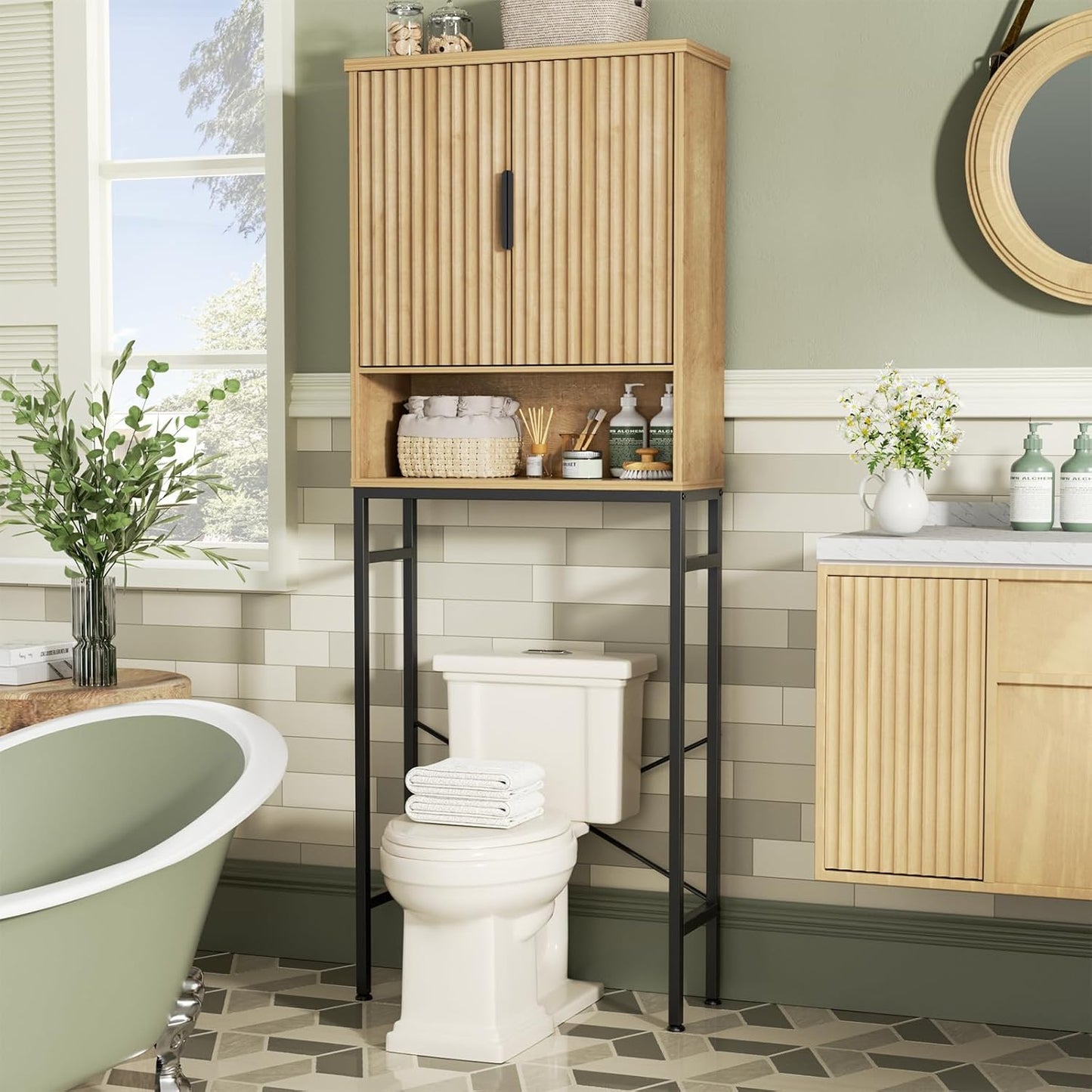 Over The Toilet Storage Cabinet with Fluted Doors and Adjustable Shelf, Tall Bathroom Organizer with Metal Stand Space Saver Over Toilet , Wood Rack for Bathroom, Restroom, Laundry, Natural Oak