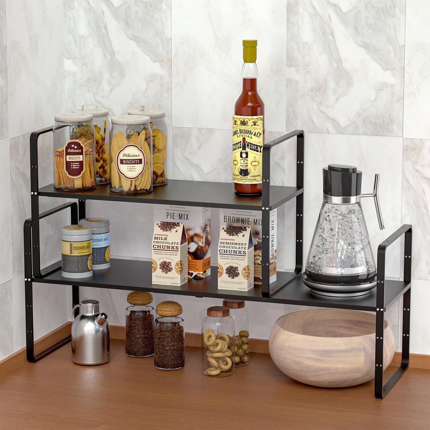 Redrubbit Expandable Cabinet Shelf Organizers, Stackable Kitchen Counter Shelves Spice Rack for Kitchen Bathroom Pantry Cupboard Desk Home Office, Metal Plate Heavy Duty Nonslip Black, Set of 2