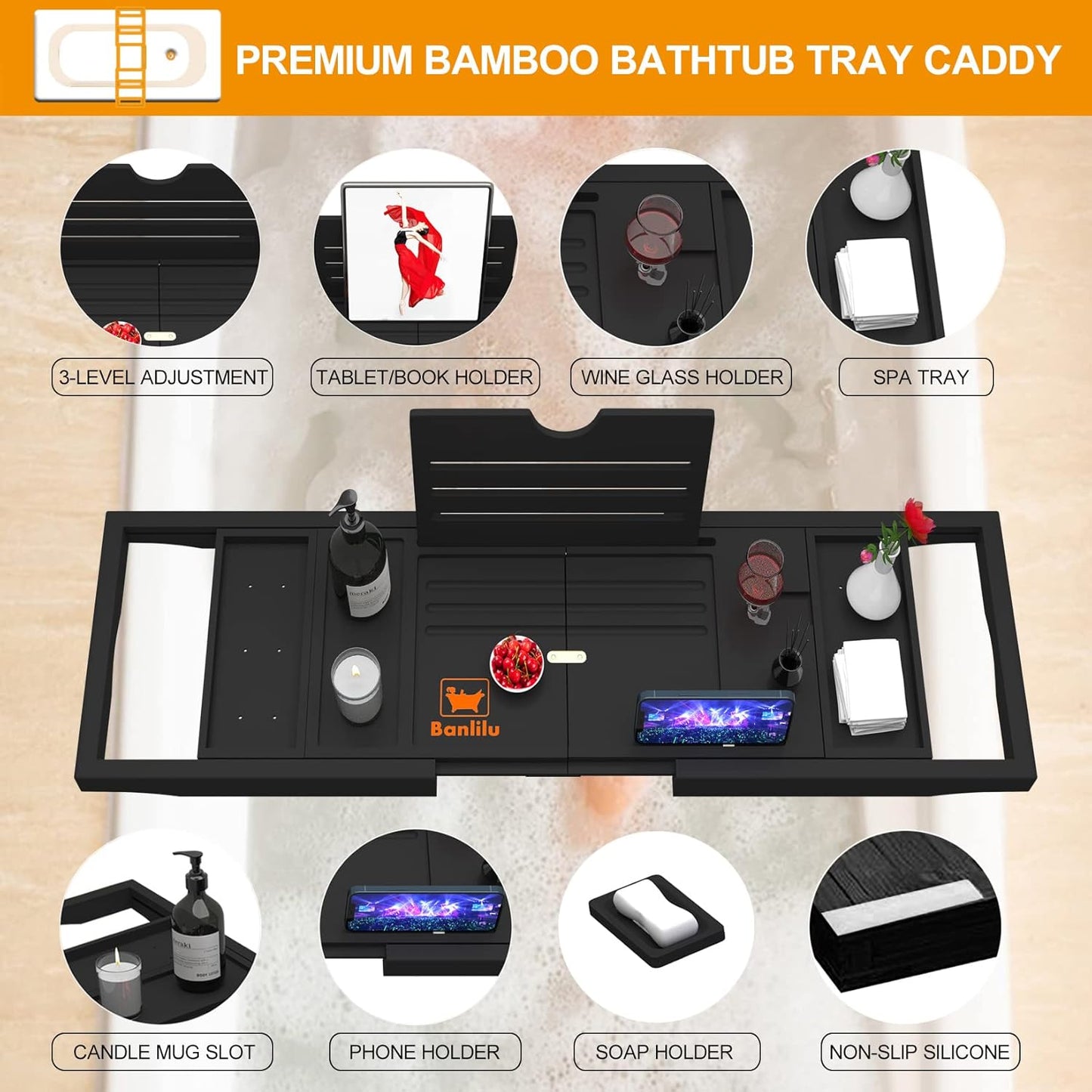 Premium Bathtub Tray Caddy - Expandable Bath Caddy Tray - Adjustable Bamboo Bath Caddy Tub Table - Unique House Warming Gifts New Home - Black