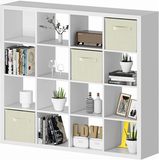 furtble Bookshelf with Storage Bins, 16-Cube Storage Organizer with Back Panels, Modern Wood Open Bookcase, Multifunctional Display Shelf for Living Room, Bedroom, Home Office, White