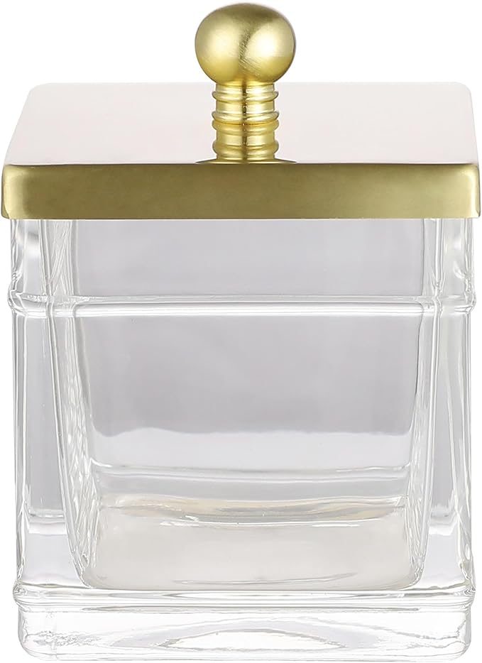 Clear Transparent Hotel Style Apothecary Tempered Glass Canister Jar W/ Gold Metal Lid Cover, Classic Countertop Organizer for Cotton balls/pads, Floss Picks, Makeup Storage