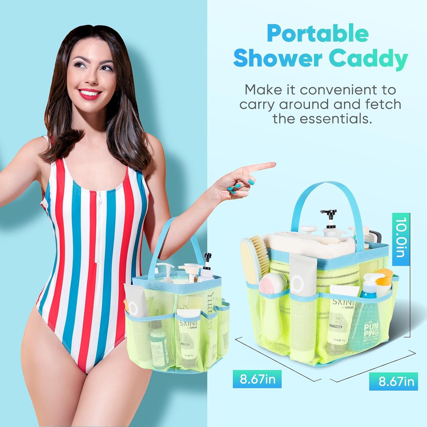 EUDELE Mesh Shower Caddy Portable, 8-Pocket Large Capacity, Quick Dry, Easy Clean, Ideal for Beach, Swimming, Gym, Travel