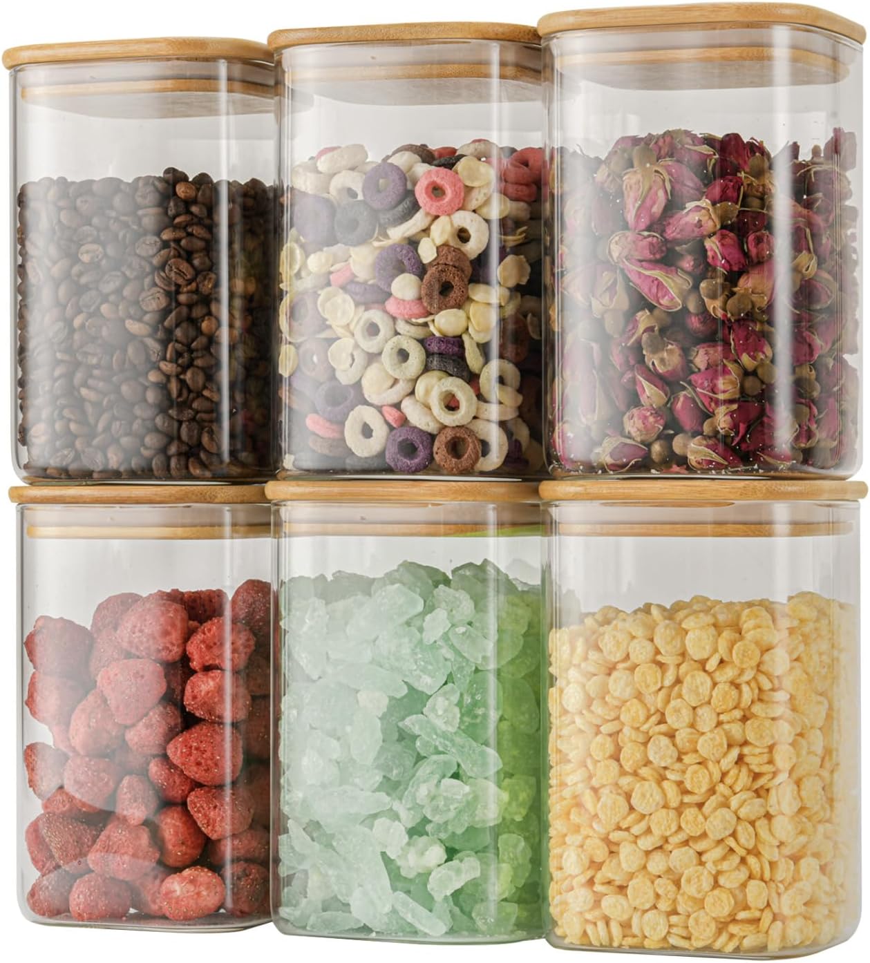 37oz Airtight Glass Square Storage Canisters with Bamboo Lid Set of 6 (1100ml) Stackable Containers, Kitchen Jars for Pantry Noodles, Flour and Coffee beans (‎with Black Lable)