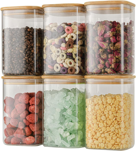 37oz Airtight Glass Square Storage Canisters with Bamboo Lid Set of 6 (1100ml) Stackable Containers, Kitchen Jars for Pantry Noodles, Flour and Coffee beans (‎with Black Lable)