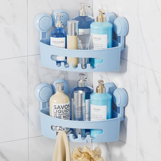 LEVERLOC Corner Shower Caddy Suction Cup, shower shelves suction cup, 2 Pack Basket Powerful Bathroom, Waterproof & Oil-proof Organizer for Kitchen, No-Drilling Removable (Blue)