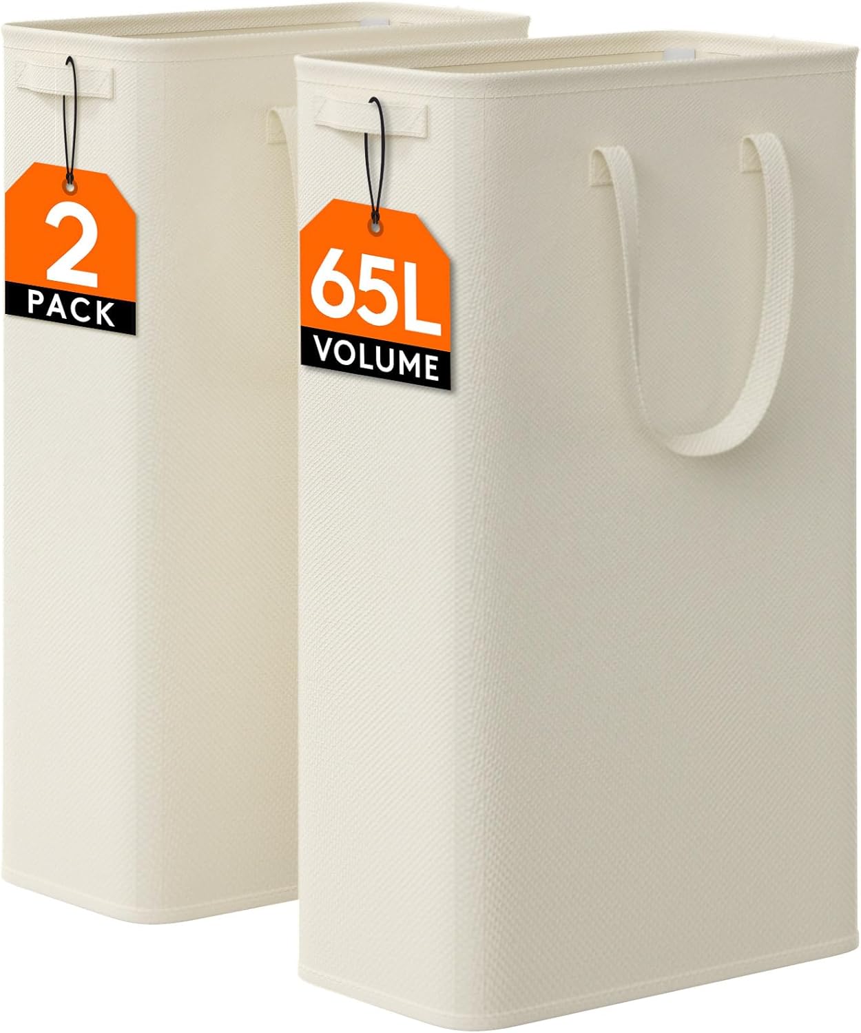 Lifewit 2 Pack Slim Laundry Hamper, Collapsible Narrow Laundry Basket, Small Tall Dirty Clothes Hampers with Handles for Bathroom Bedroom College Dorm, White, 65L