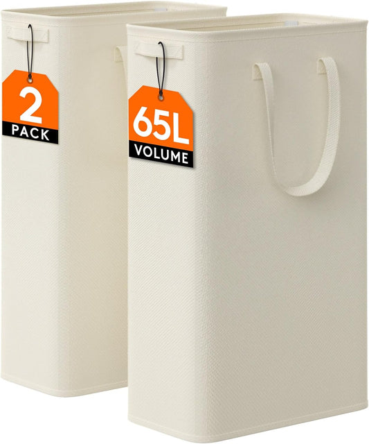 Lifewit 2 Pack Slim Laundry Hamper, Collapsible Narrow Laundry Basket, Small Tall Dirty Clothes Hampers with Handles for Bathroom Bedroom College Dorm, White, 65L