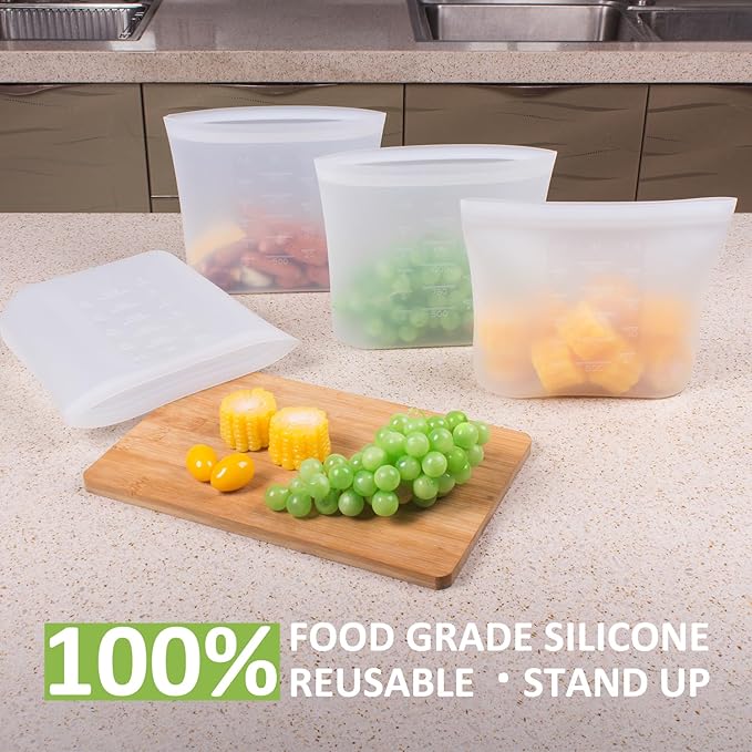 Large Reusable Food Bags 4 Pack, 1.5 Quart(50.7fl.oz) 100% Silicone Storage Bags Stand Up Zip Silicone Food Container, Freezer Microwave Oven Dishwasher Safe, Translucent
