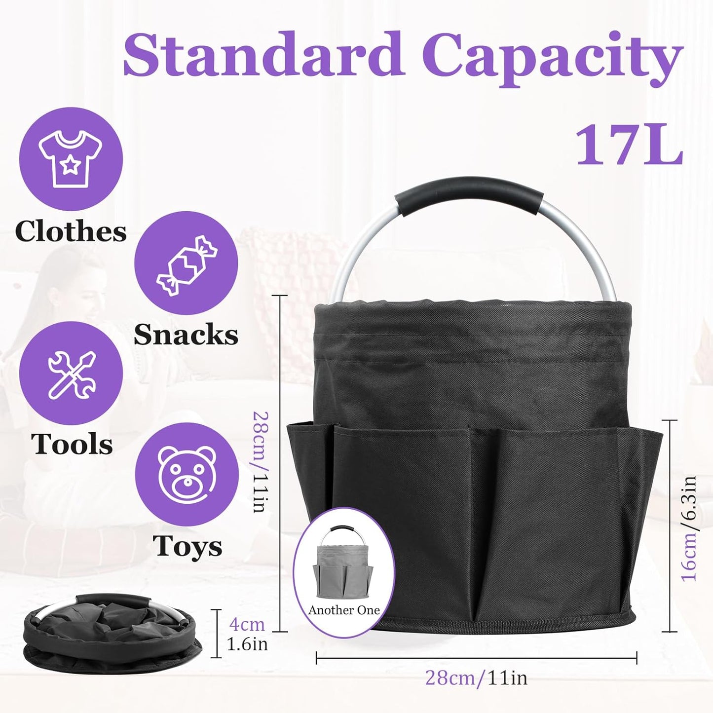 2Pack 17L Foldable Cleaning Supply Caddy with Handle, Portable Bucket Tool Organizer, Garden Tool Bag in 600D Oxford Fabric, Folding Storage Basket for Outdoor, Bathroom, Black + Dark Gray
