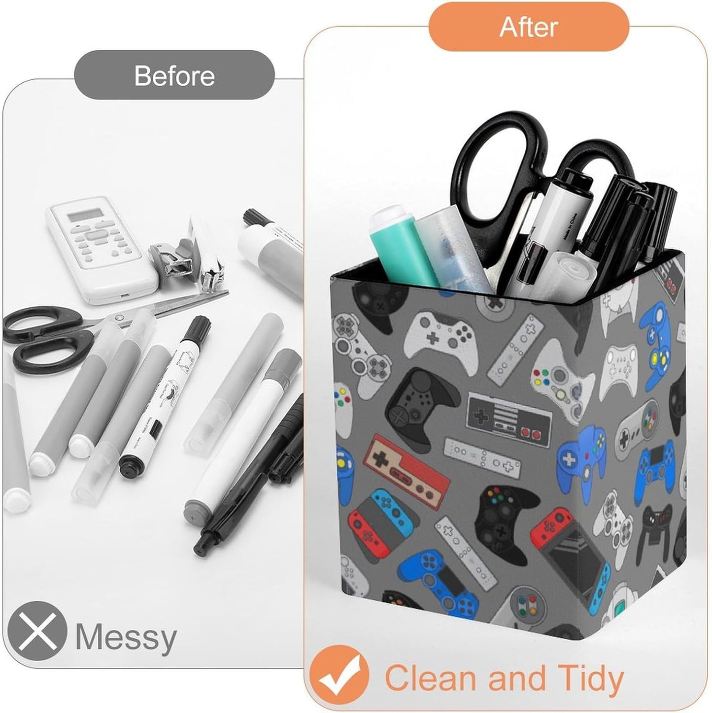 Square Pen Holder & Pencil Organizer for Desk - Office Storage Organizer, Markers/Makeup Brushes/Scissors Holder, Compact Desk Decor Accessories for Home Classroom School(Video Games)