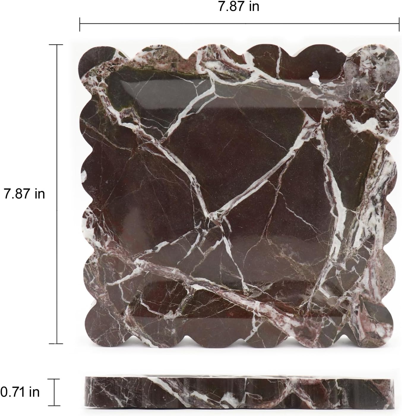 Square Marble Decorative Tray with Scalloped Edge, Luxury Natural Stone Bathroom Vanity Tray, Dresser Top Perfume Coffee Home Kitchen Sink Tray, Key Trinket Ring