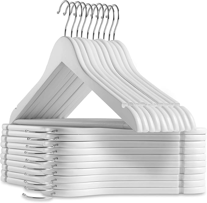 Casafield - 20 White Wooden Suit Hangers - Premium Lotus Wood with Notches & Chrome Swivel Hook for Dress Clothes, Coats, Jackets, Pants, Shirts, Skirts