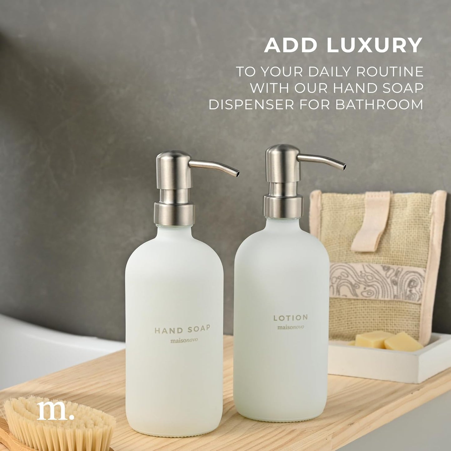 MaisoNovo Soap Dispenser 2-Piece Set | 16.9oz White Bottles with Silver Stainless Steel Pumps