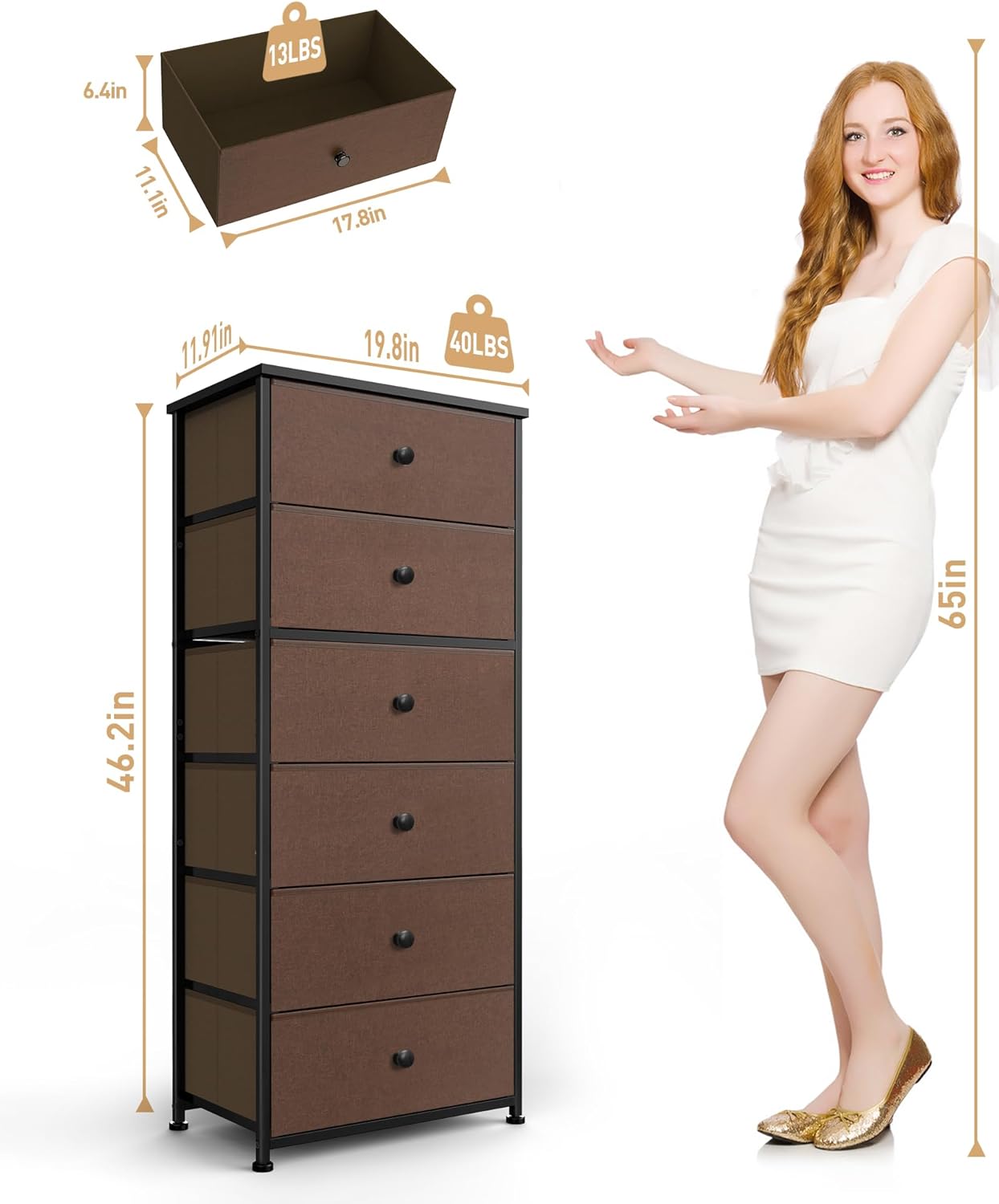 Tall Fabric Dresser for Bedroom, Vertical Storage Organizer Tower with 6 Drawers, Chest of Drawers with Bins, Steel Frame, Wood Top for Bedroom, Closet, Entryway Brown