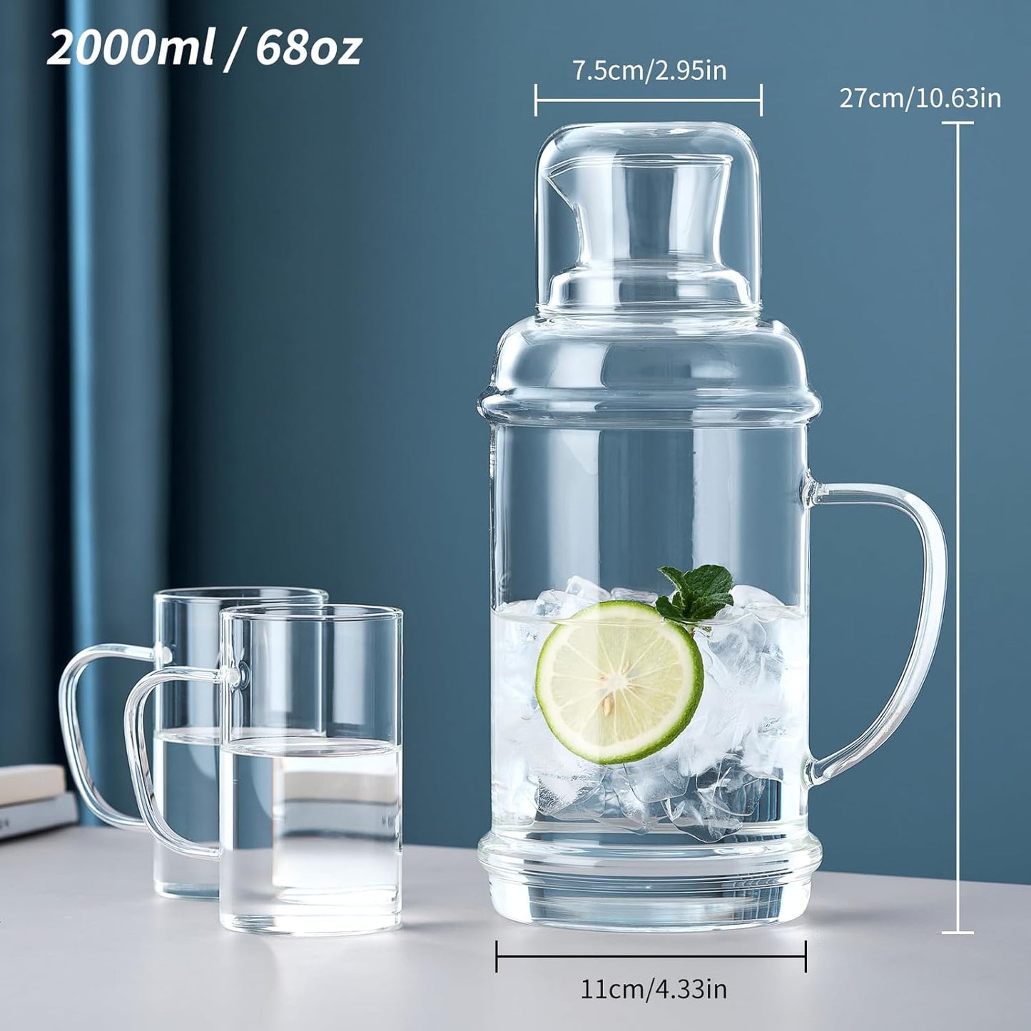 68OZ Glass Pitcher with Lid and Spout, Water Jug, 2000ml Carafe for Hot/Cold Water, Large Iced Tea Pitcher for Coffee, Juice and Homemade Beverage