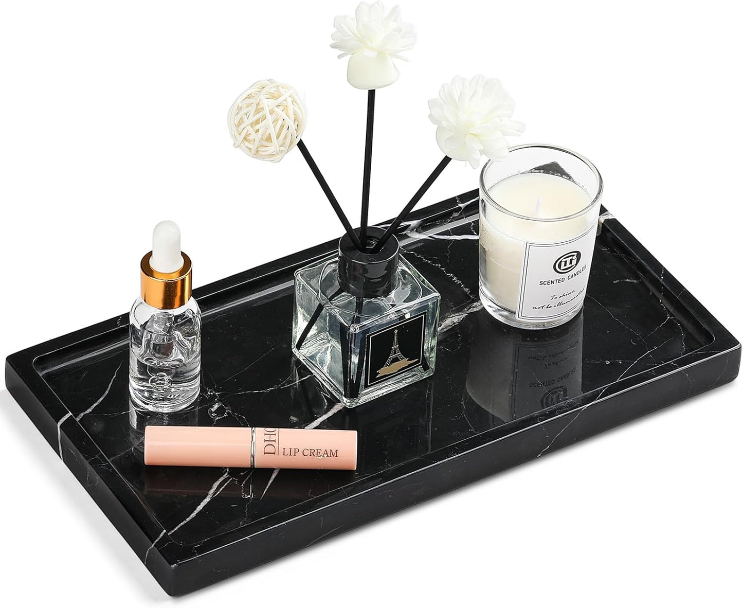 Natural Marble Vanity Tray - Moujings Genuine Marble Perfume Tray for Bathroom Decor, Stone Bathroom Vanity Organizer Tray for Kitchen Counter, Candles, Jewelry, Coffee, Makeup, Key