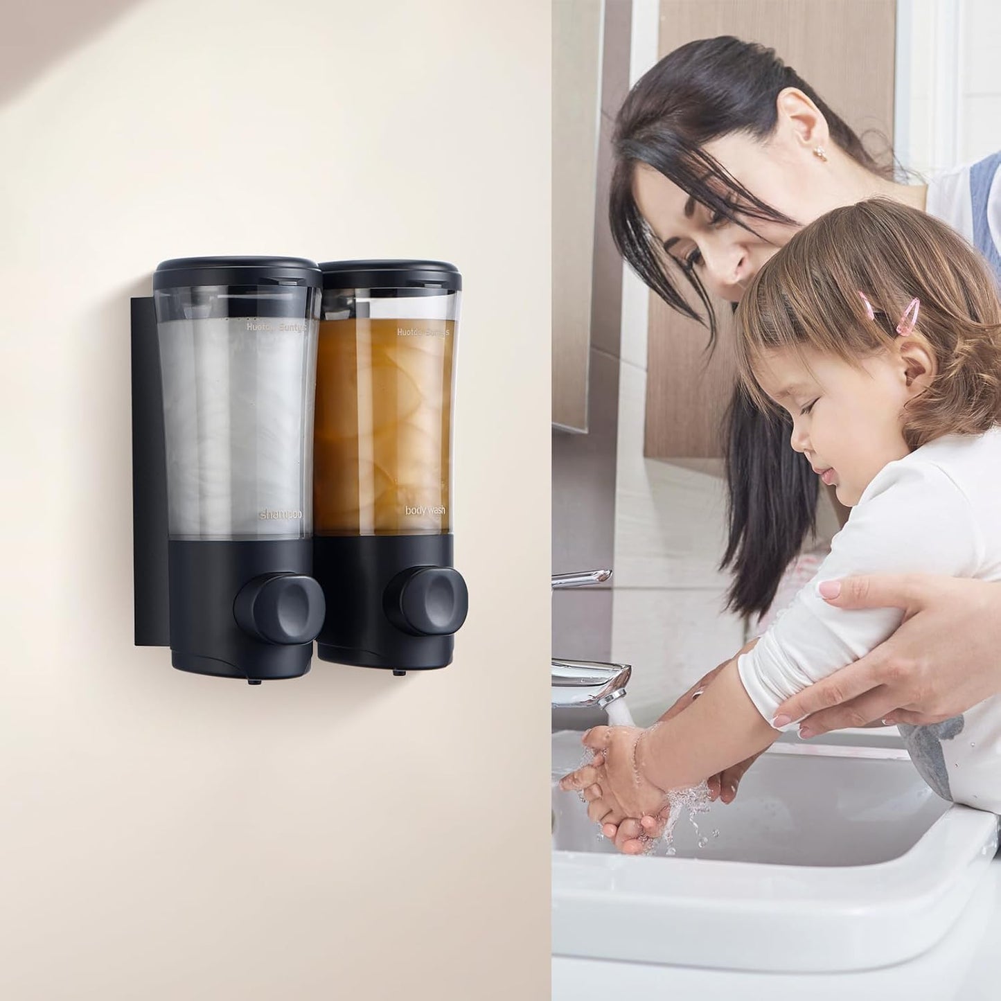 Shampoo and Conditioner Dispenser No Drill Shower Soap Dispenser Wall Mounted Shower Dispenser 2 Chamber with Upgrade Smooth Pump Head Bathroom Body Wash Soap Dispenser Set 450ml*2 Black