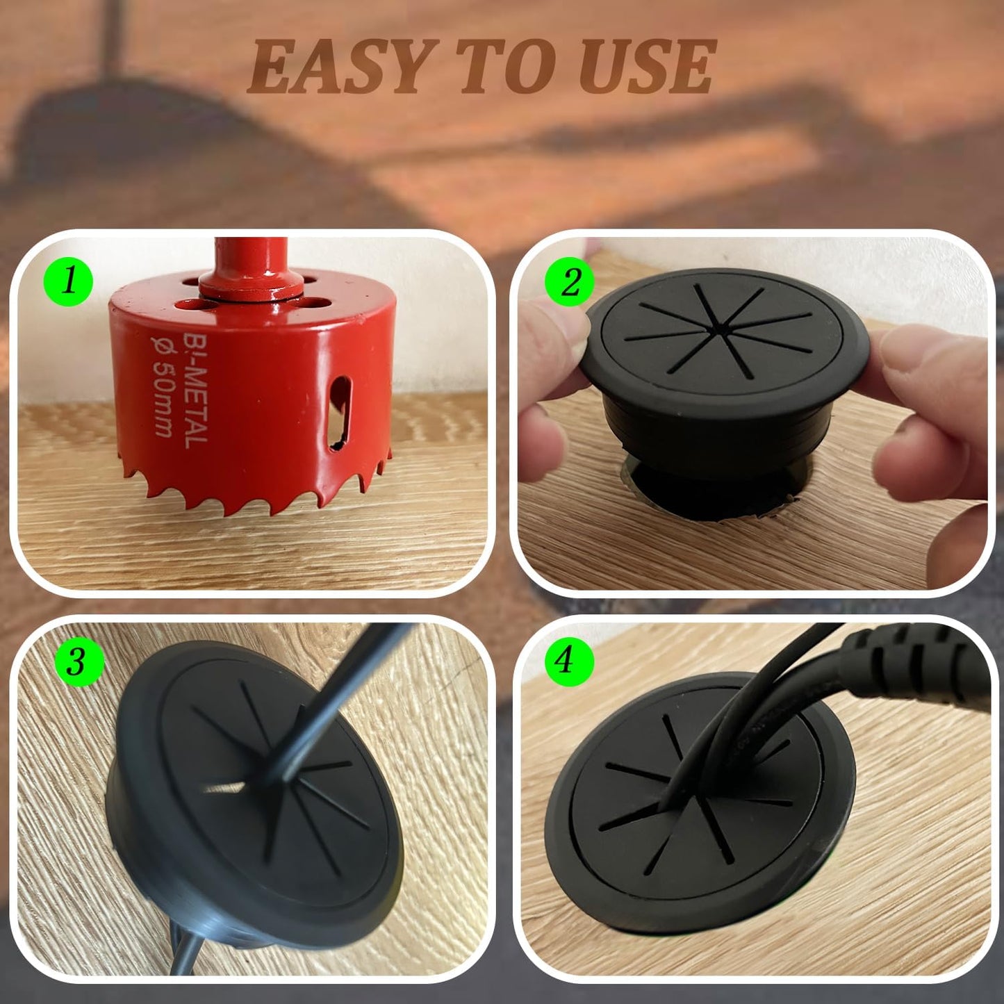 6 Pcs Desk Grommet, Black Desk Hole Cover for Cables with BI-Metal Hole Saw Kit, 2m Cable Sleeve Organizer and Clip Optimize The Management of Wire Winding Easily Achieve Desktop Clean