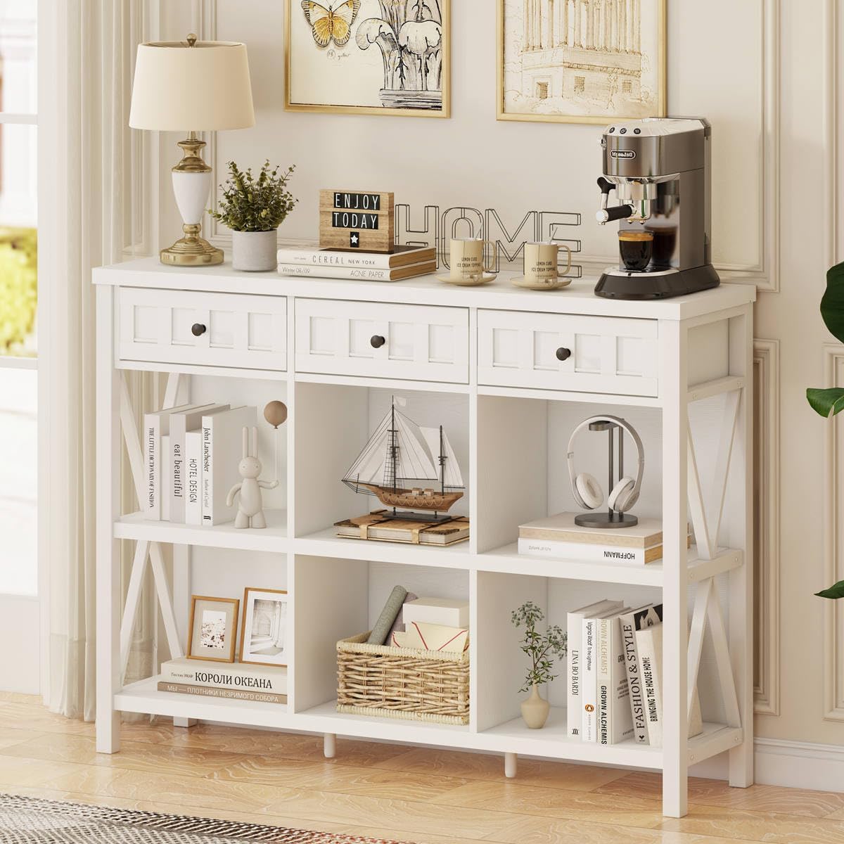 FATORRI 6 Cube Storage Bookshelf with 3 Drawers, Long Horizontal Bookcase, Modern Cubby Organizer Shelf (White Oak, 47 Inch)