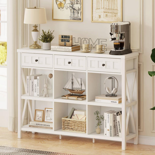 FATORRI 6 Cube Storage Bookshelf with 3 Drawers, Long Horizontal Bookcase, Modern Cubby Organizer Shelf (White Oak, 47 Inch)